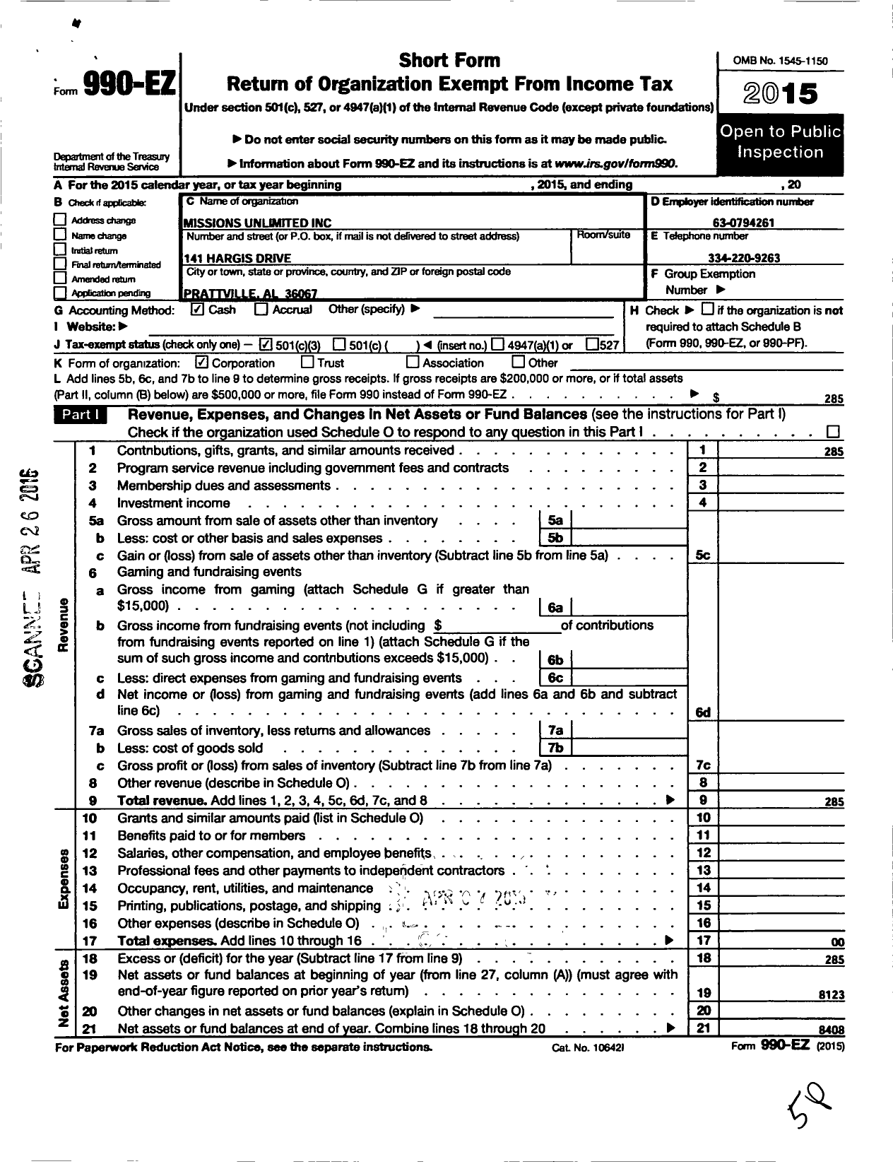 Image of first page of 2015 Form 990EZ for Missions Unlimited