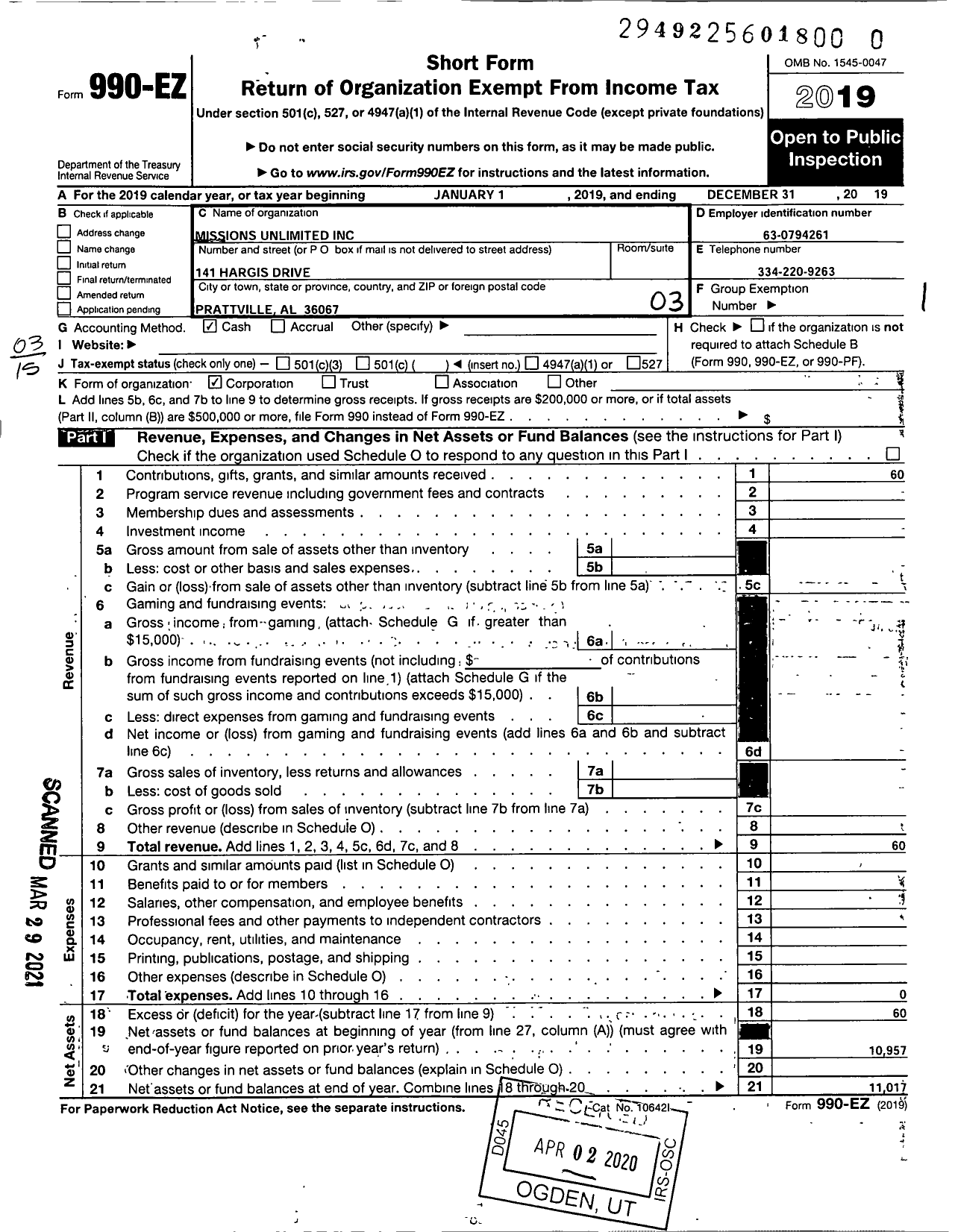 Image of first page of 2019 Form 990EZ for Missions Unlimited