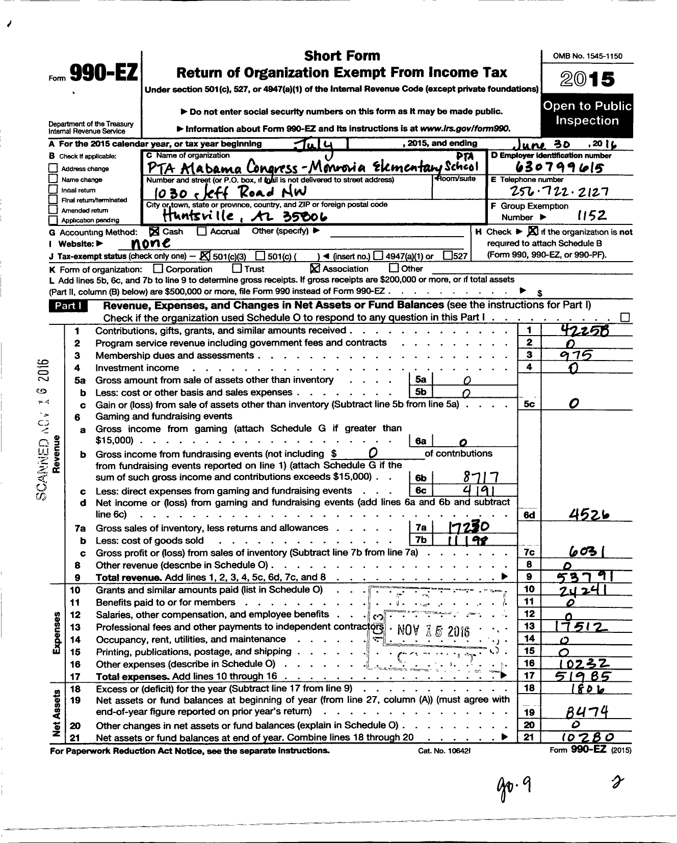 Image of first page of 2015 Form 990EZ for Monrovia Elementary School PTA