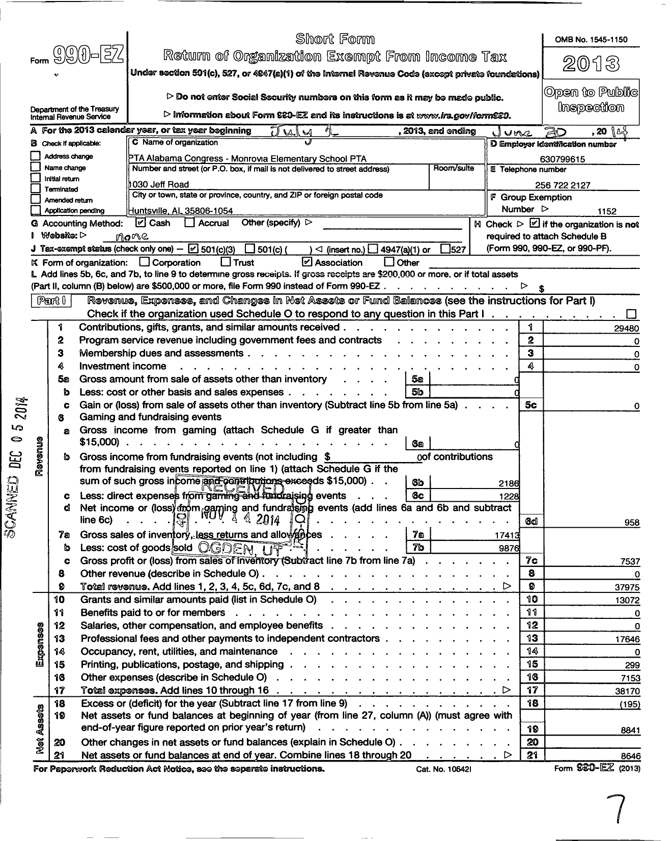 Image of first page of 2013 Form 990EZ for Monrovia Elementary School PTA