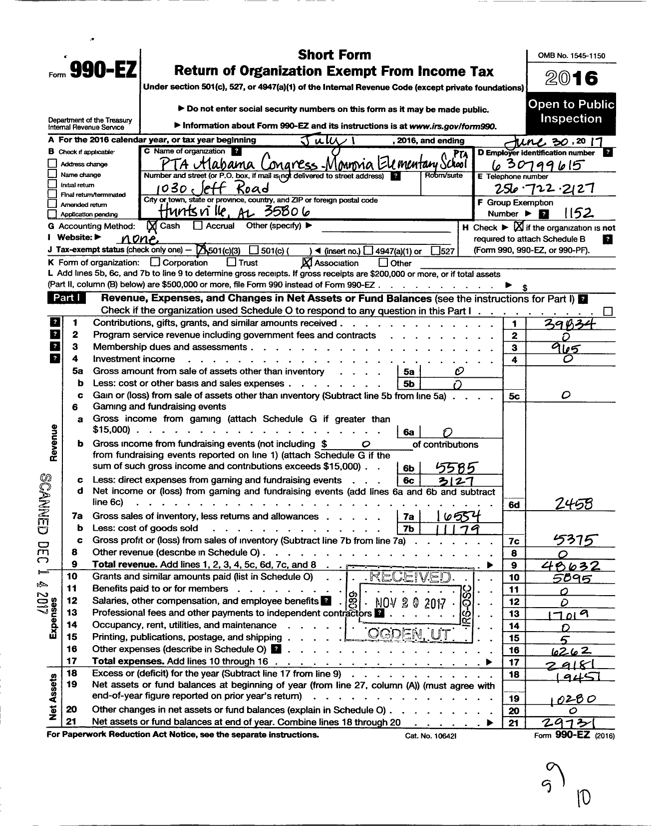 Image of first page of 2016 Form 990EZ for Monrovia Elementary School PTA