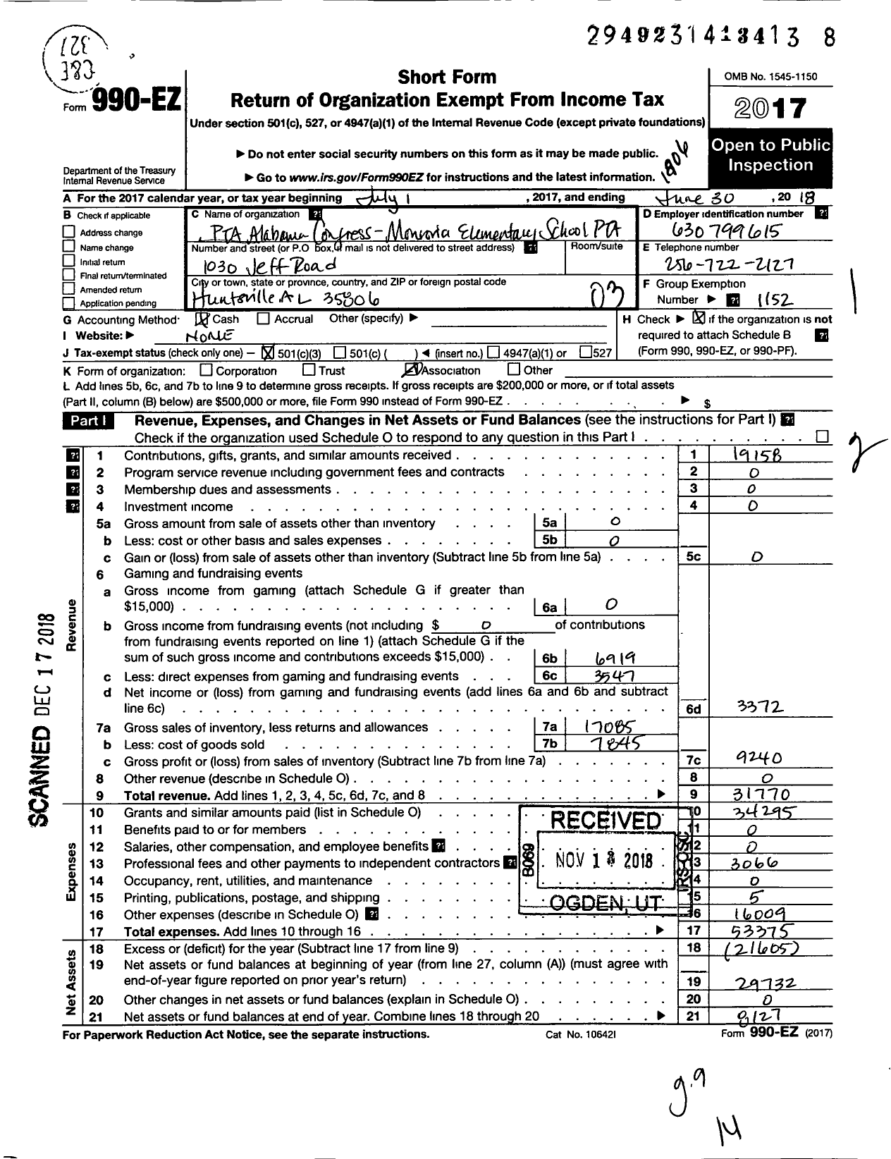 Image of first page of 2017 Form 990 for Monrovia Elementary School PTA