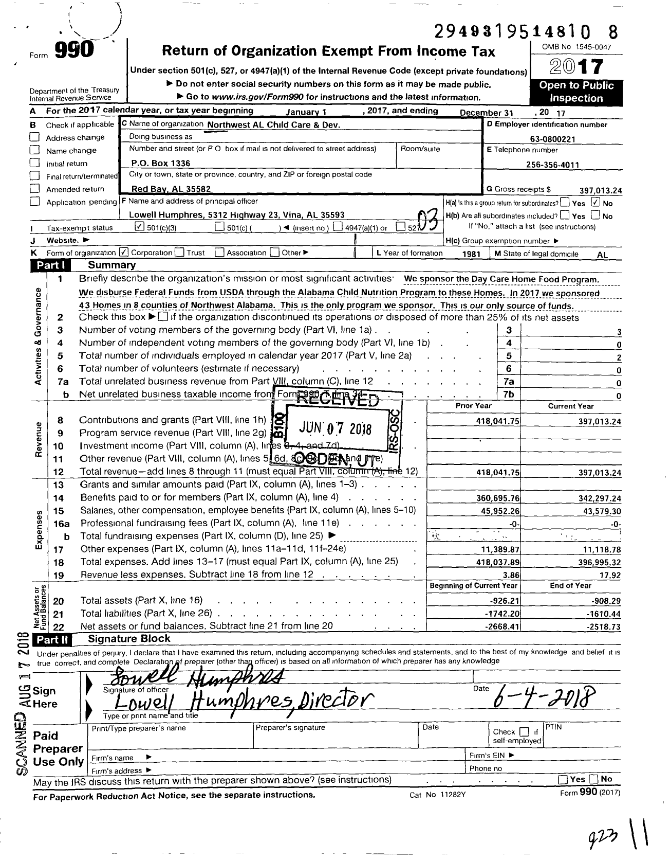 Image of first page of 2017 Form 990 for Northwest Alabama Child Care and Development