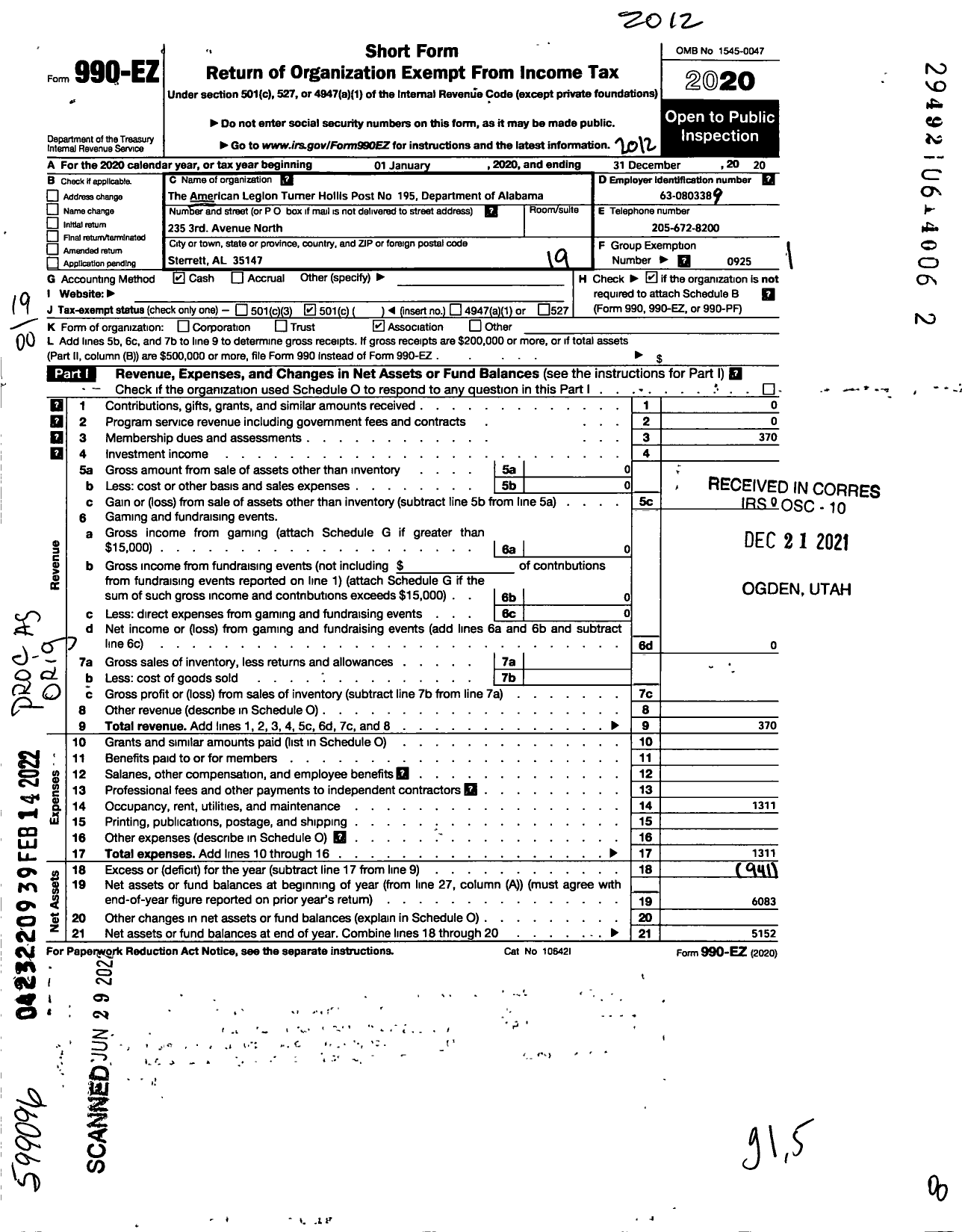 Image of first page of 2020 Form 990EO for American Legion - 195 Turner Hollis Post