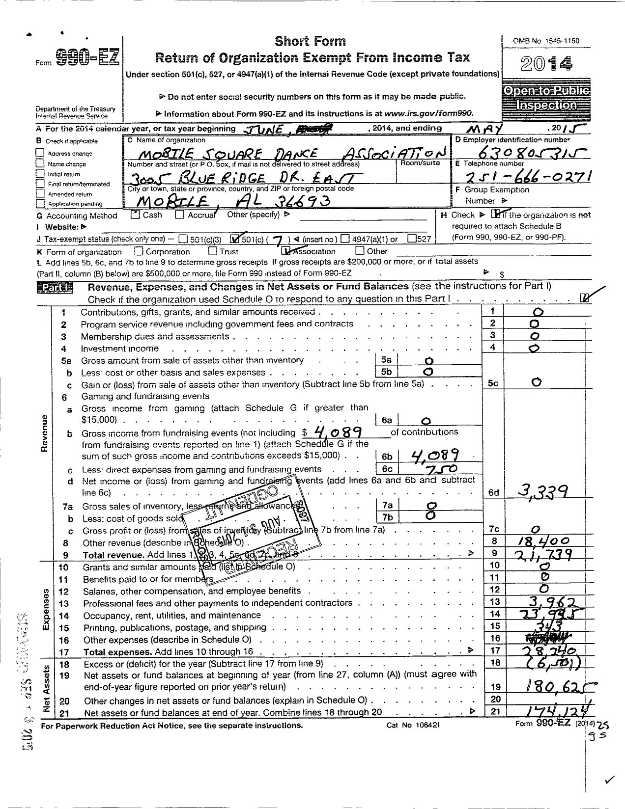 Image of first page of 2014 Form 990EO for Mobile Square Dance Association
