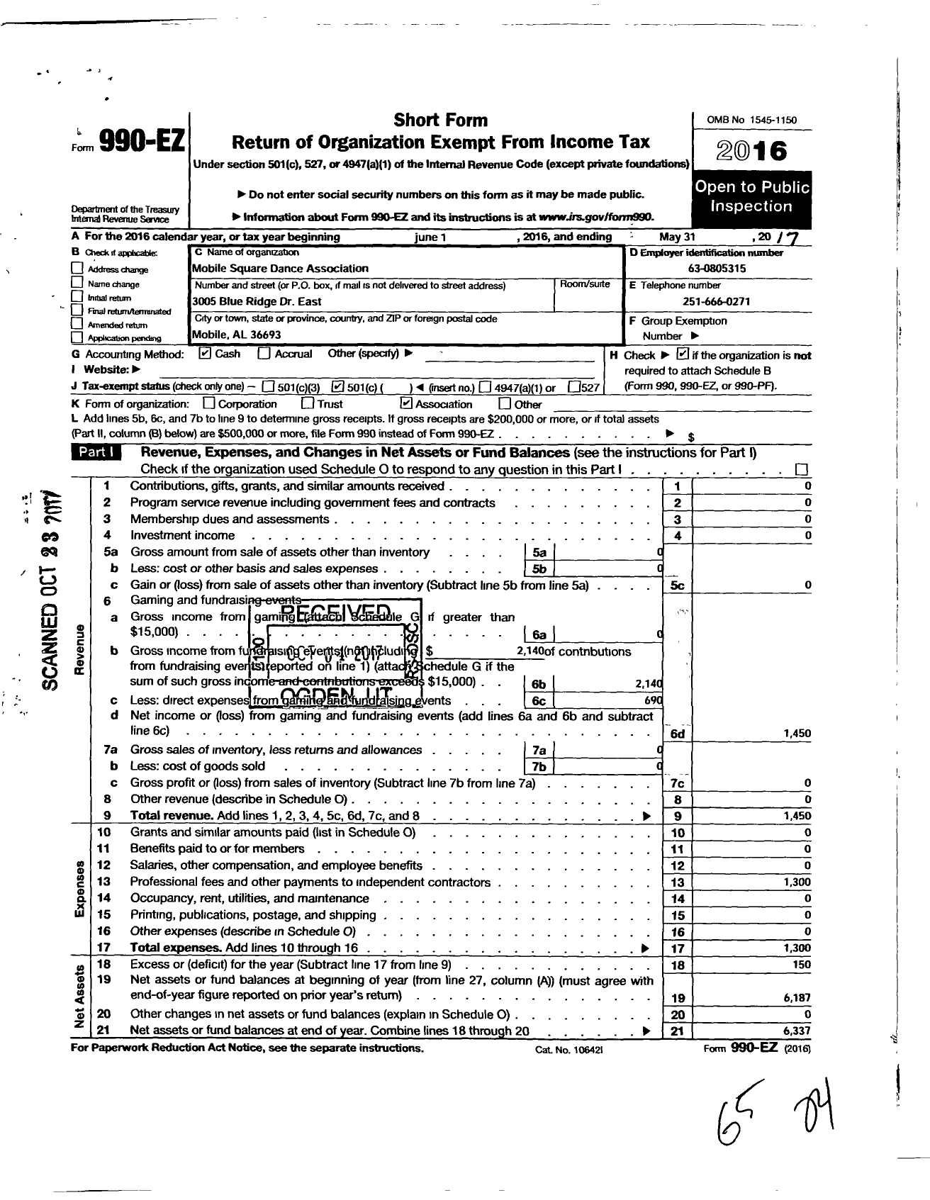 Image of first page of 2016 Form 990EO for Mobile Square Dance Association