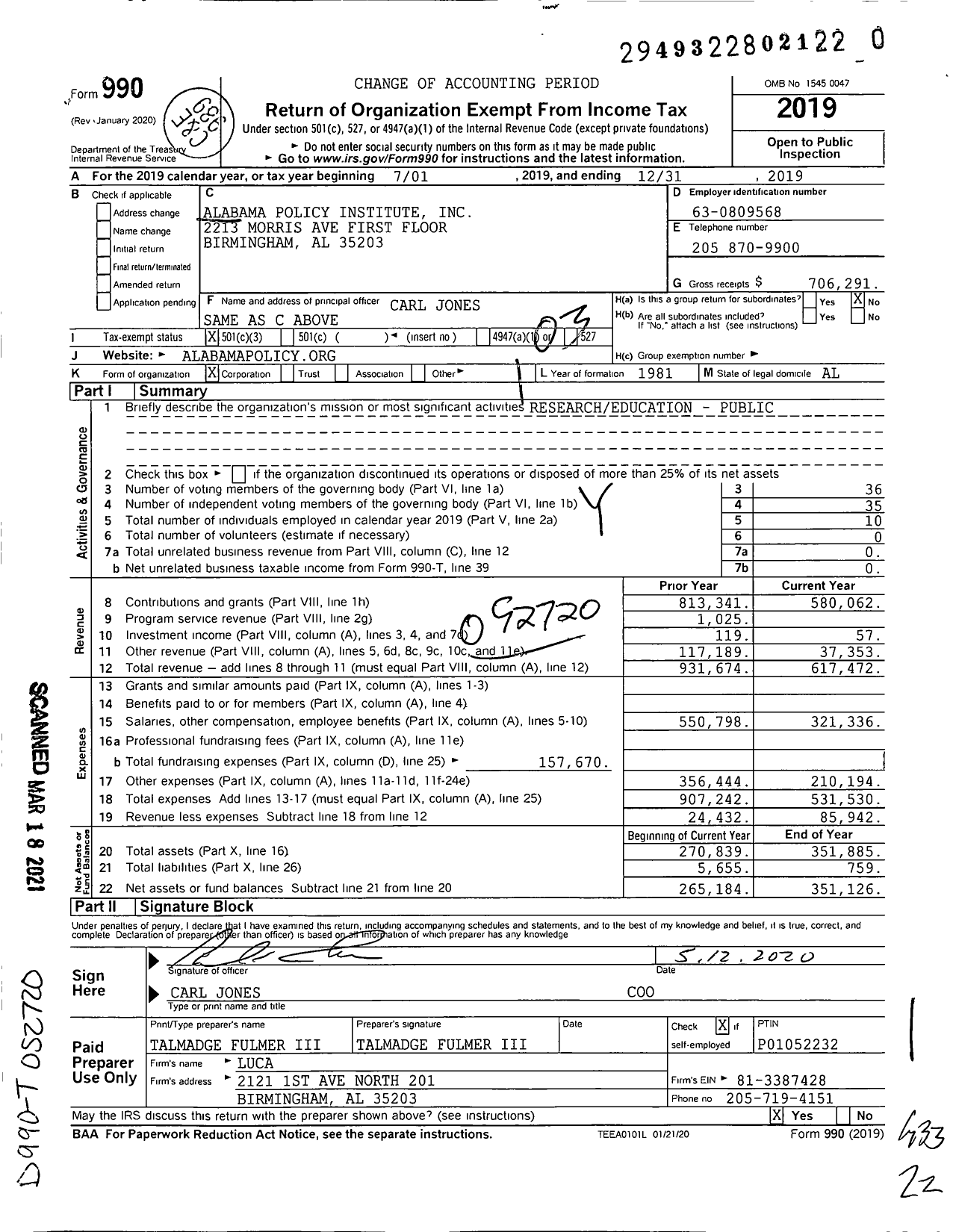 Image of first page of 2019 Form 990 for Alabama Policy Institute