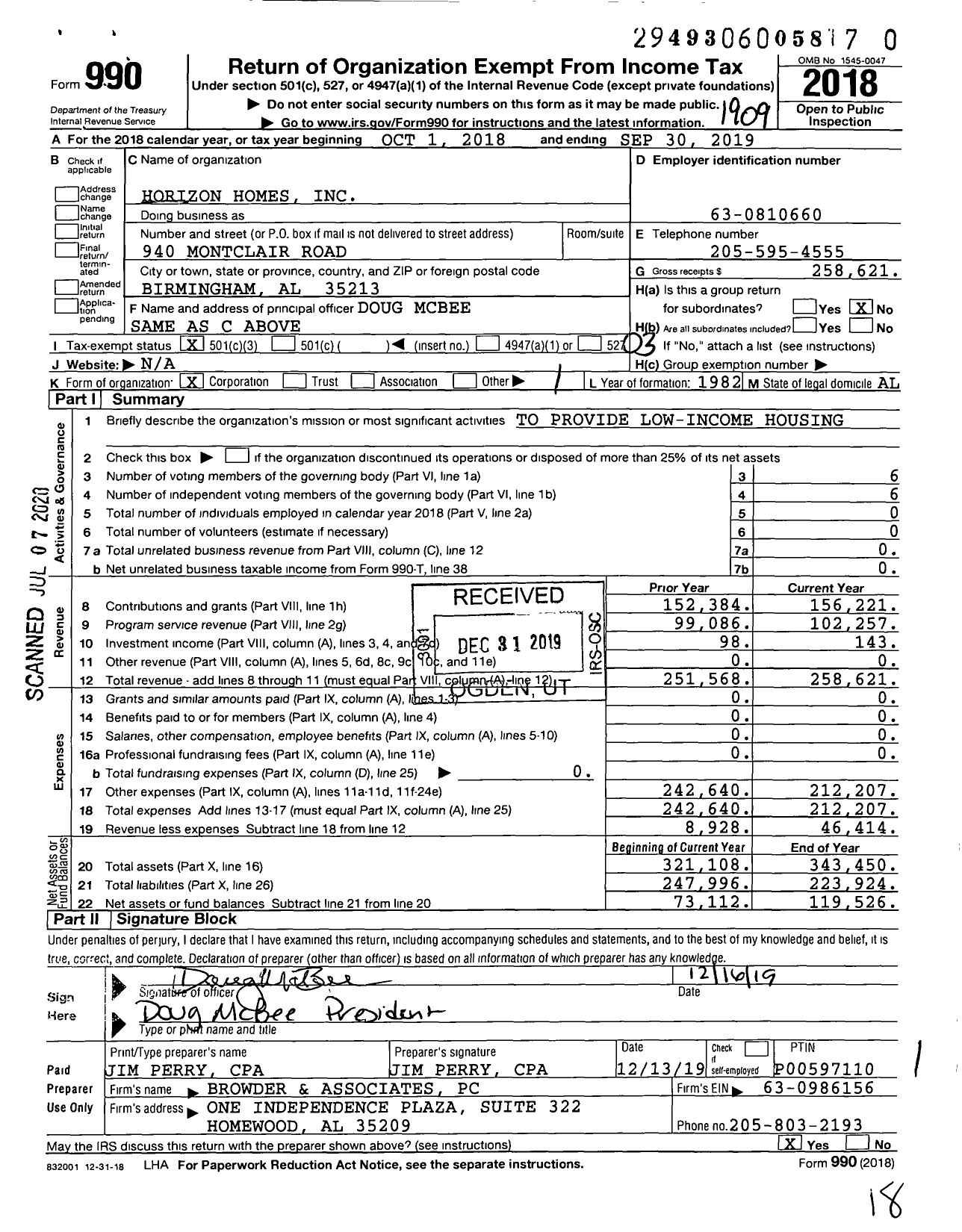 Image of first page of 2018 Form 990 for Horizon Homes