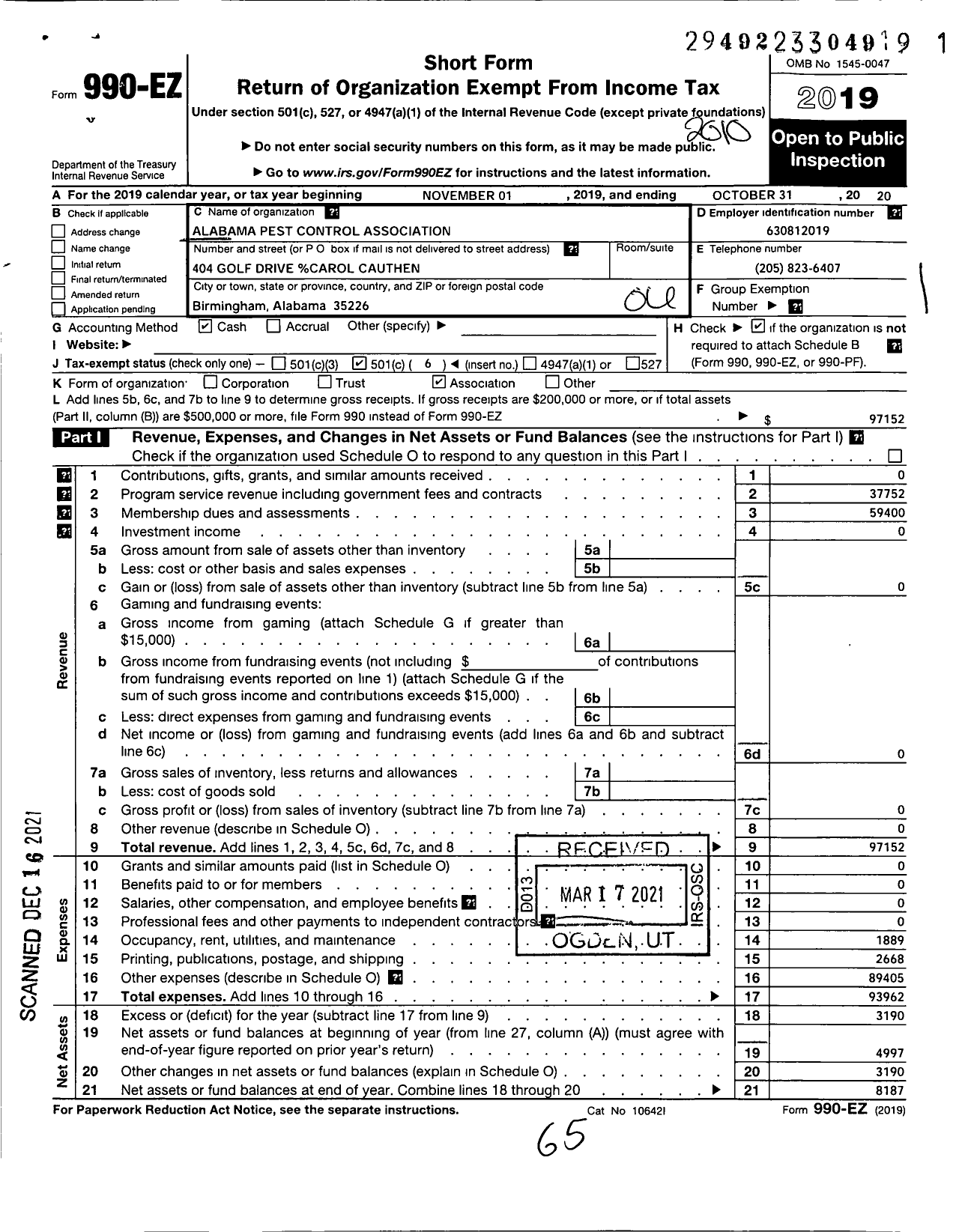 Image of first page of 2019 Form 990EO for Alabama Pest Control Association