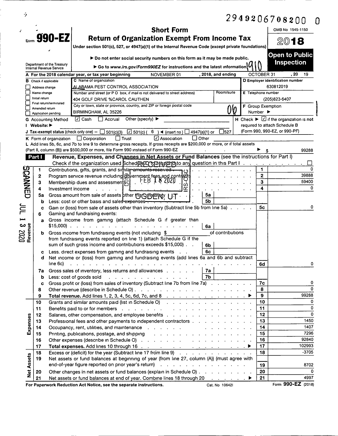 Image of first page of 2018 Form 990EO for Alabama Pest Control Association