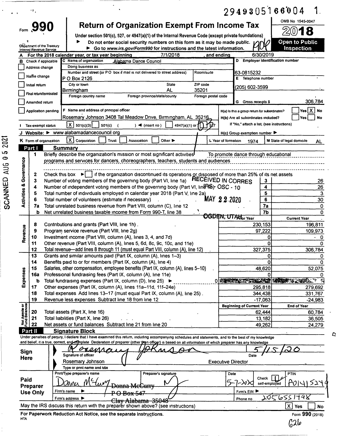 Image of first page of 2018 Form 990 for Alabama Dance Council