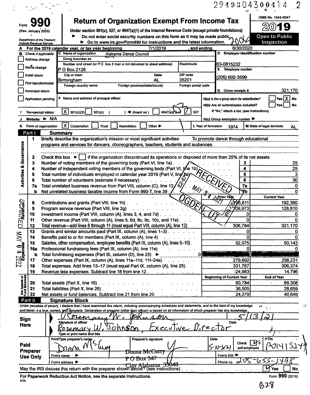 Image of first page of 2019 Form 990 for Alabama Dance Council