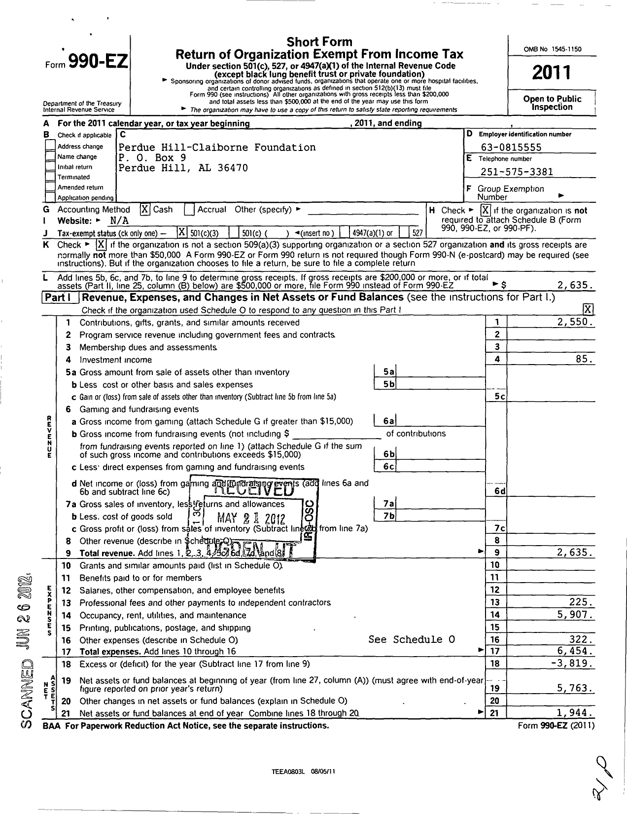 Image of first page of 2011 Form 990EZ for Perdue Hill-Claiborne Foundation