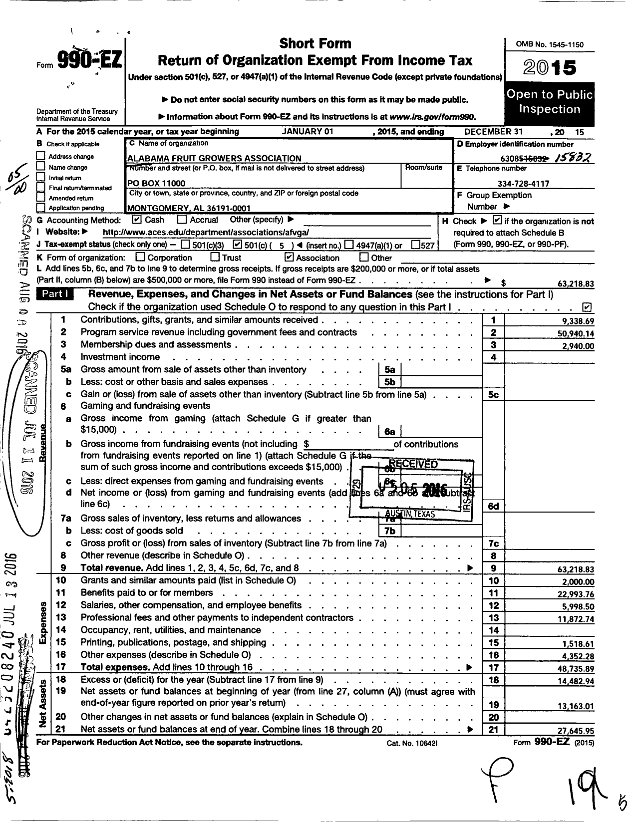 Image of first page of 2015 Form 990EO for Alabama Fruit Growers Association