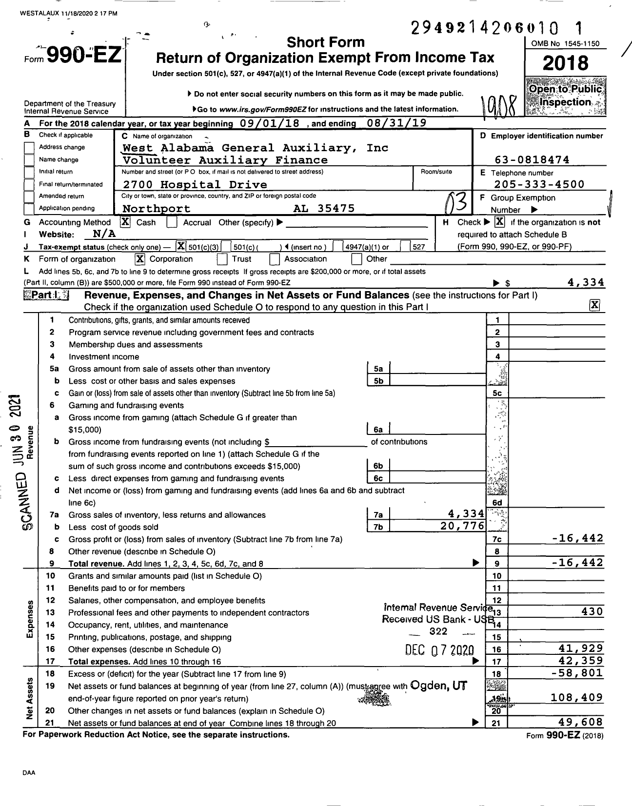 Image of first page of 2018 Form 990EZ for West Alabama General Auxiliary Volunteer Auxiliary Finance