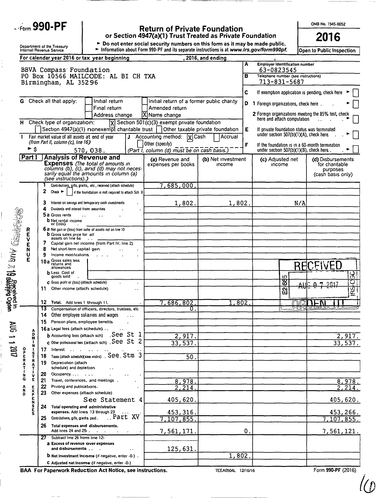 Image of first page of 2016 Form 990PF for BBVA Foundation