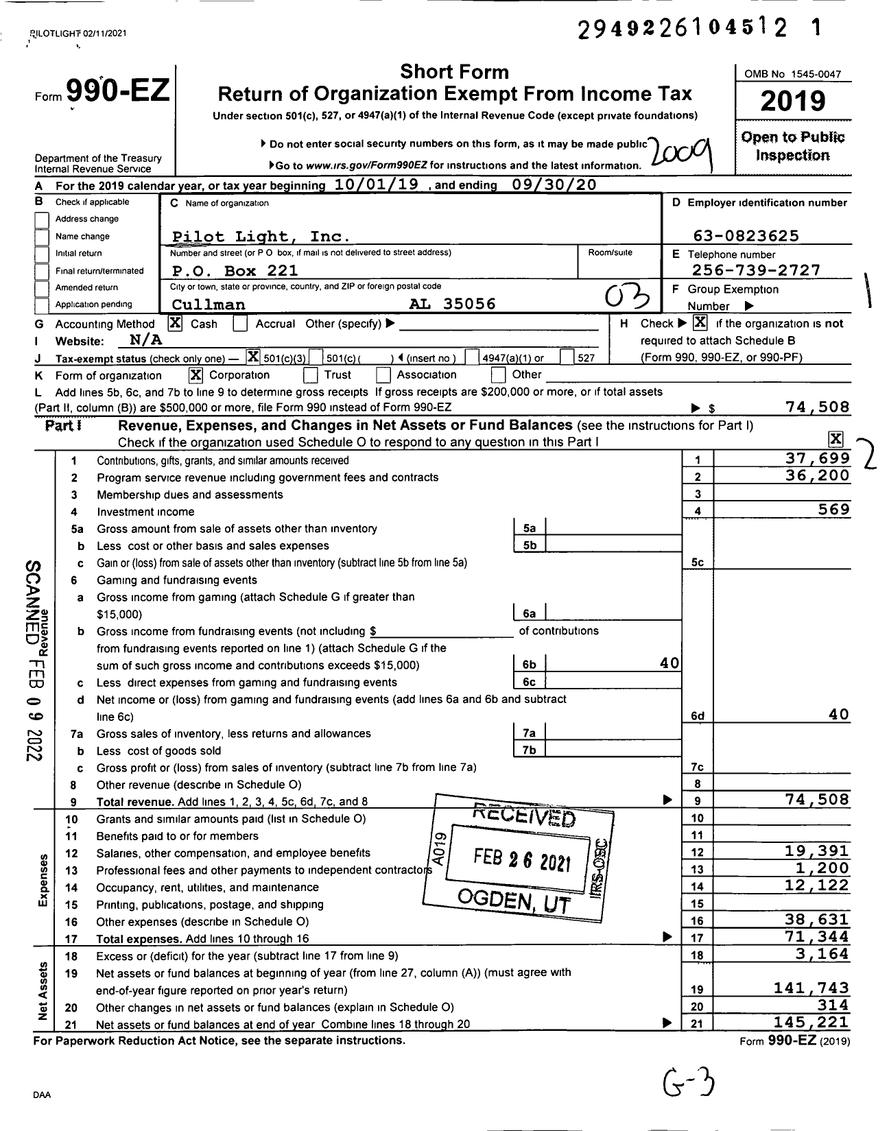 Image of first page of 2019 Form 990EZ for Pilot Light