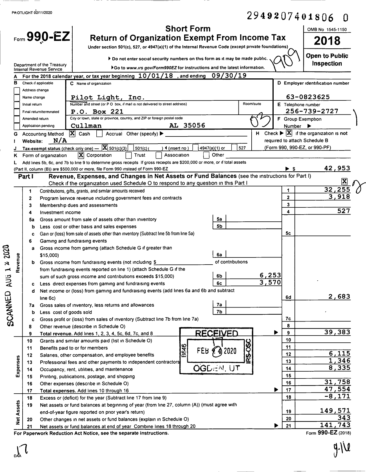 Image of first page of 2018 Form 990EZ for Pilot Light