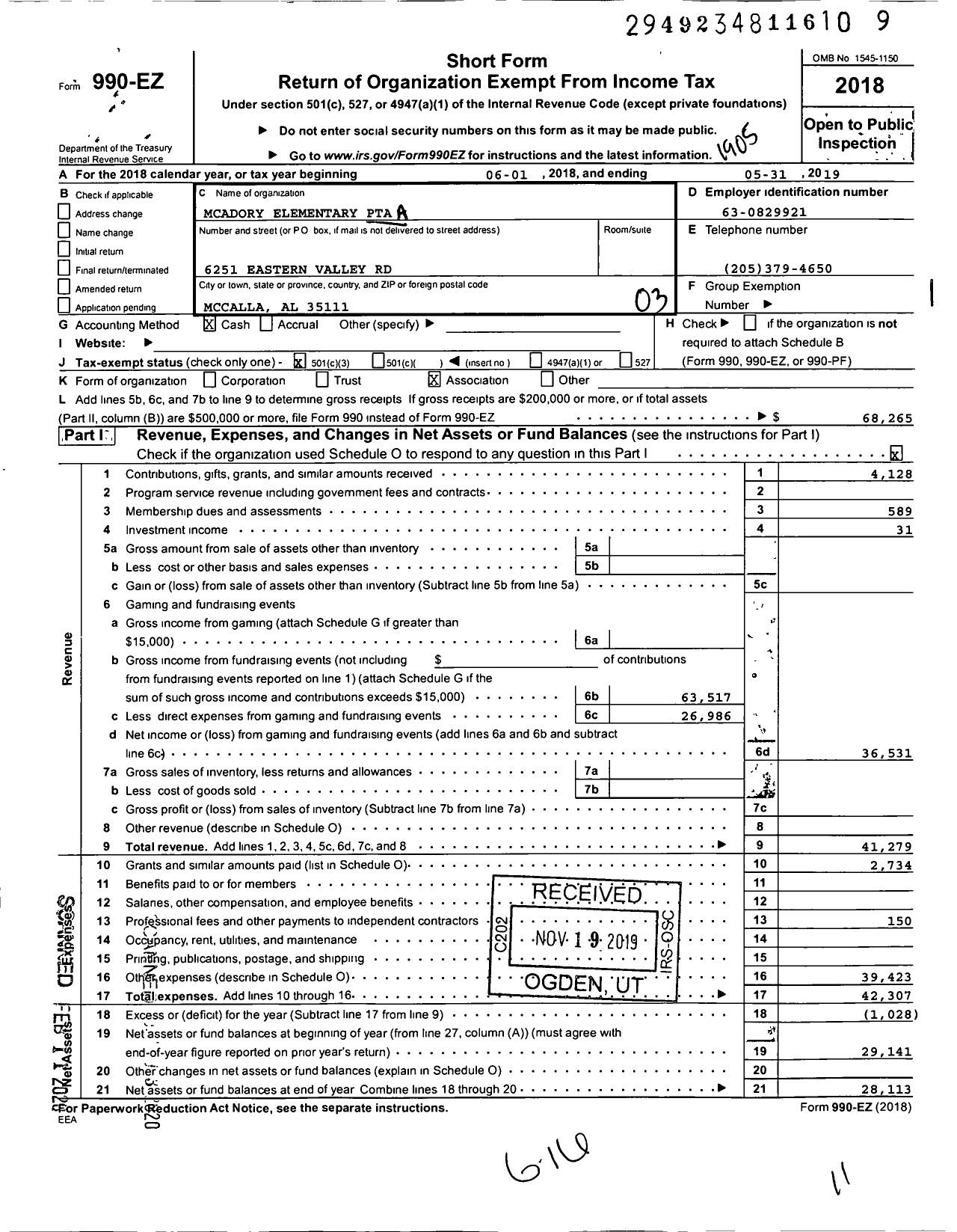 Image of first page of 2018 Form 990EZ for PTA Alabama Congress / Mcadory Elementary PTA