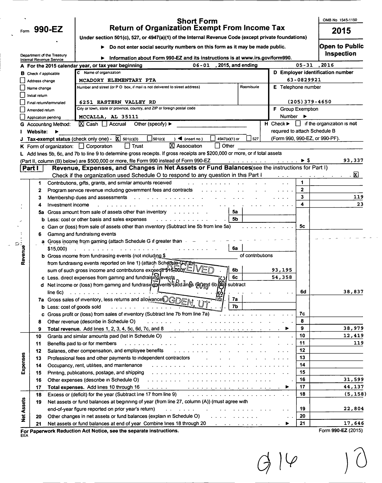 Image of first page of 2015 Form 990EZ for PTA Alabama Congress / Mcadory Elementary PTA