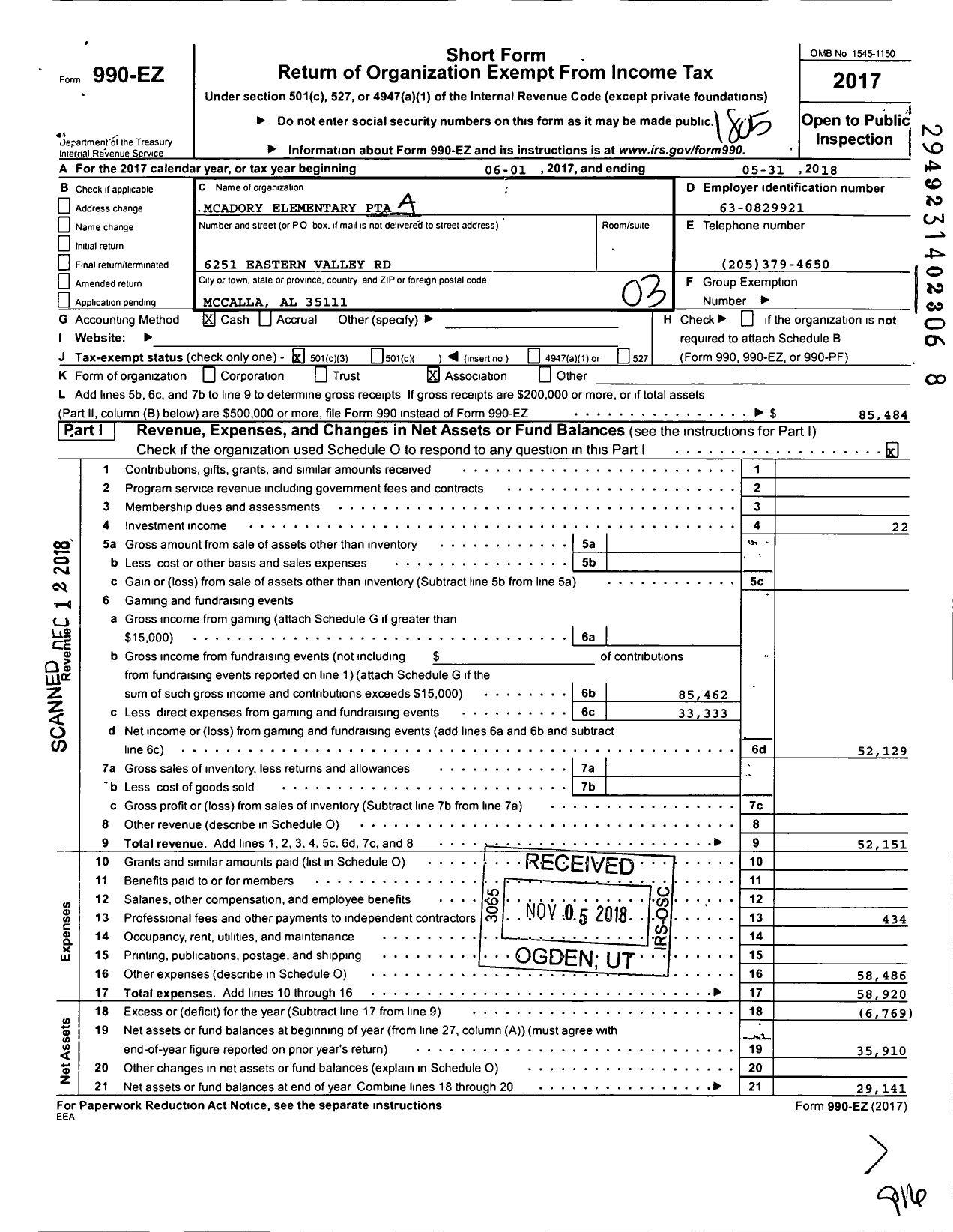 Image of first page of 2017 Form 990EZ for PTA Alabama Congress / Mcadory Elementary PTA