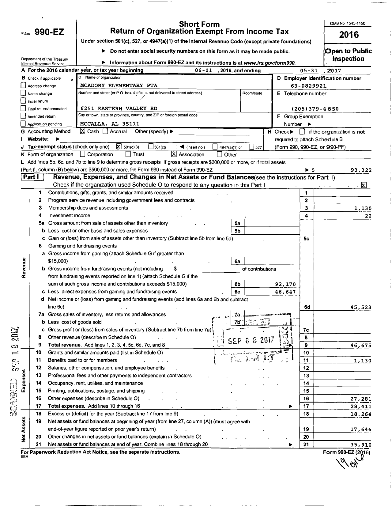 Image of first page of 2016 Form 990EZ for PTA Alabama Congress / Mcadory Elementary PTA