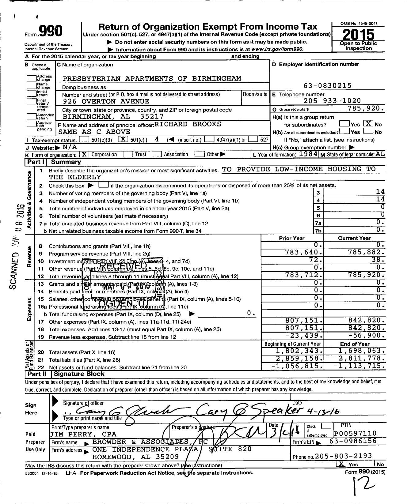 Image of first page of 2015 Form 990O for Presbyterian Apartments of Birmingham