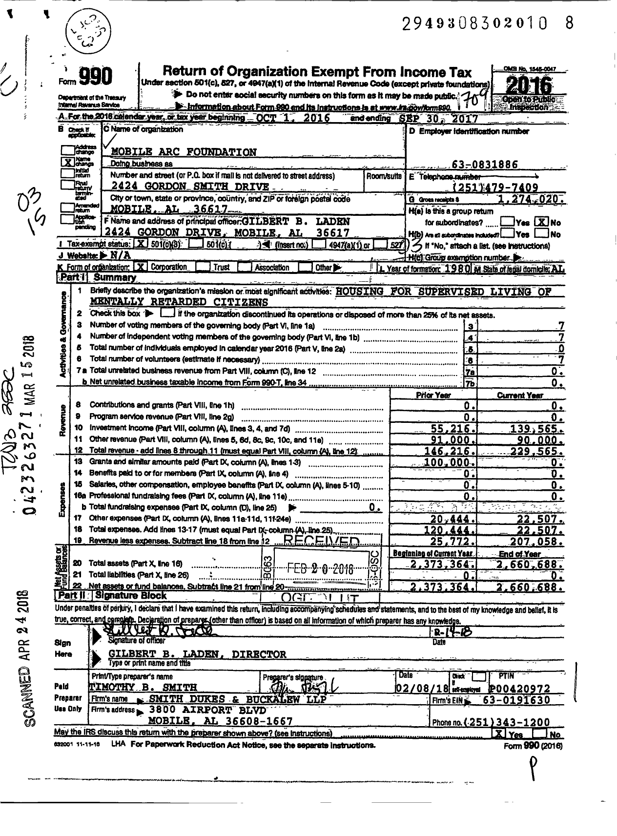 Image of first page of 2016 Form 990 for South Alabama Foundation Intellectually Disabled