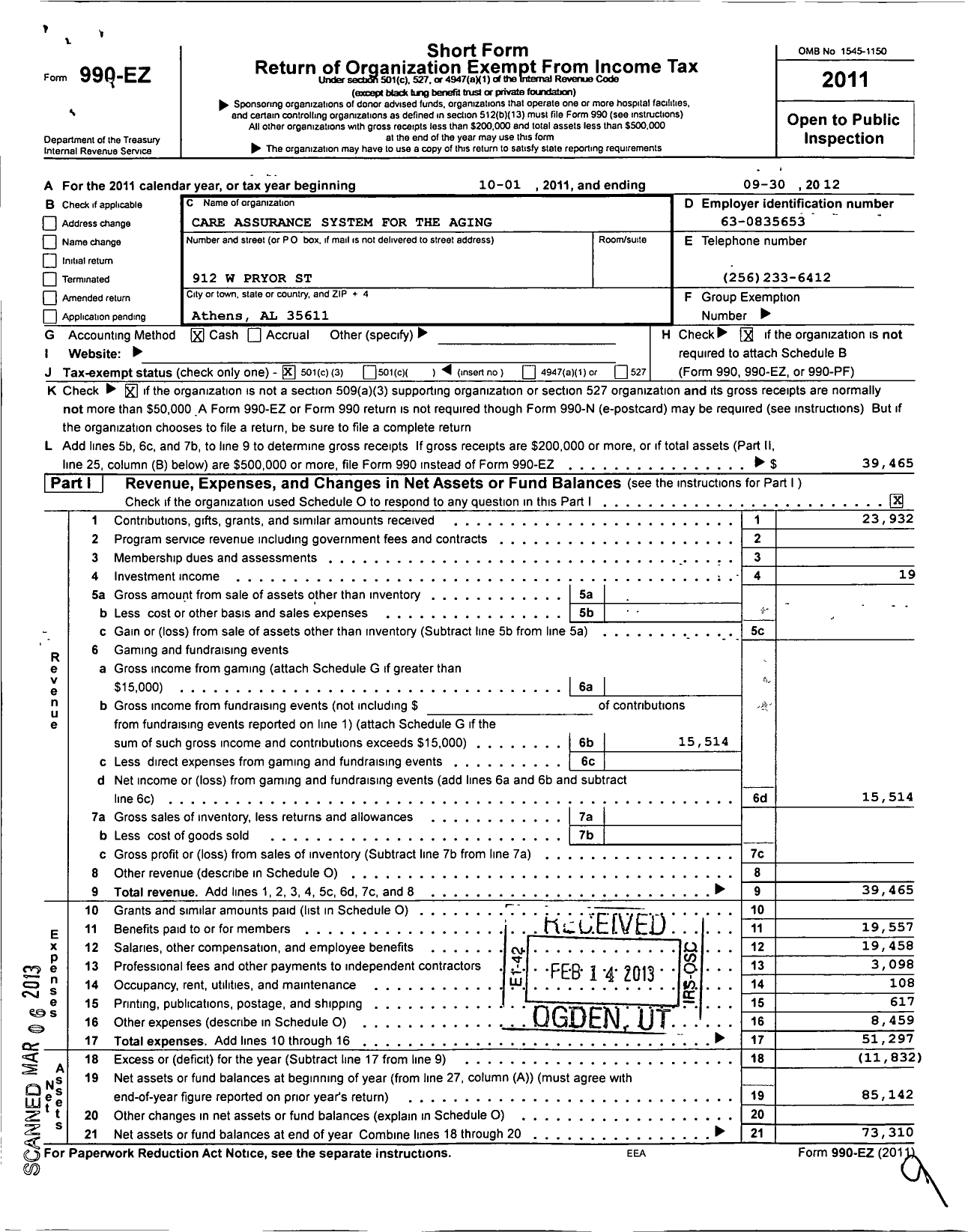 Image of first page of 2011 Form 990EZ for Care Assurance System for the Aging and Homebound