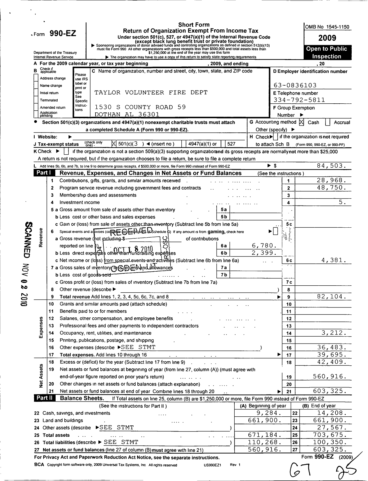 Image of first page of 2009 Form 990EZ for Taylor Volunteer Fire Department