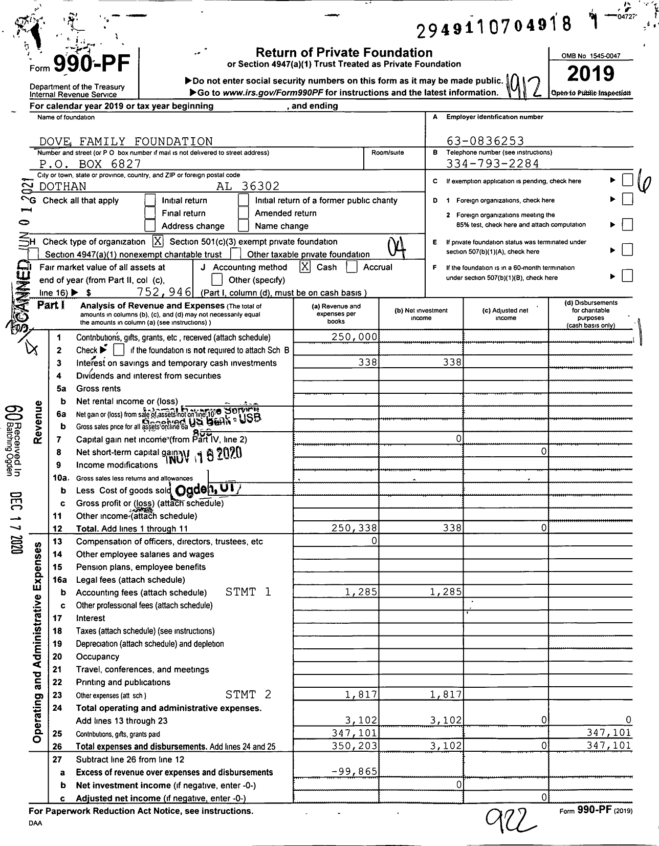 Image of first page of 2019 Form 990PF for Dove Family Foundation