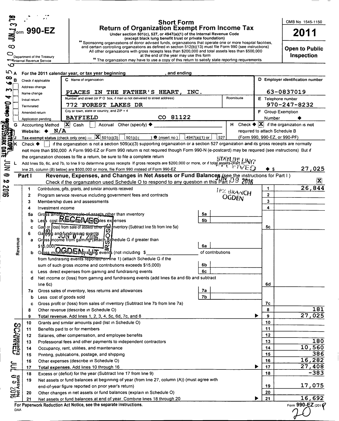 Image of first page of 2011 Form 990EZ for Places in the Fathers Heart