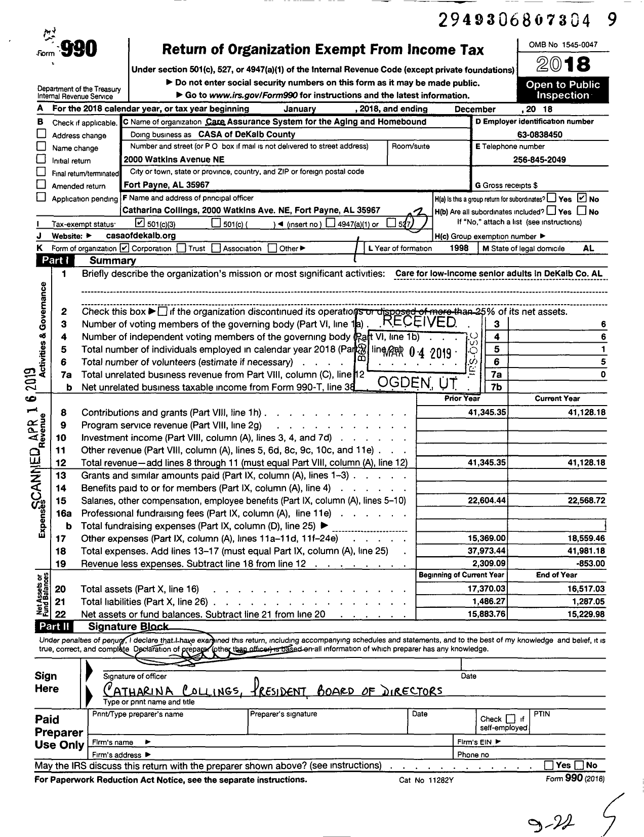 Image of first page of 2018 Form 990 for Care Assurance System for the Aging and Homebound Casa of Dekalb Count