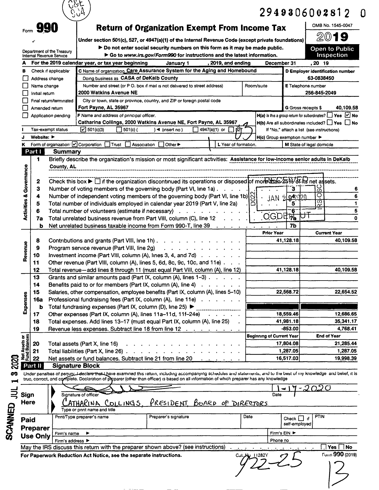 Image of first page of 2019 Form 990 for Care Assurance System for the Aging and Homebound Casa of Dekalb Count