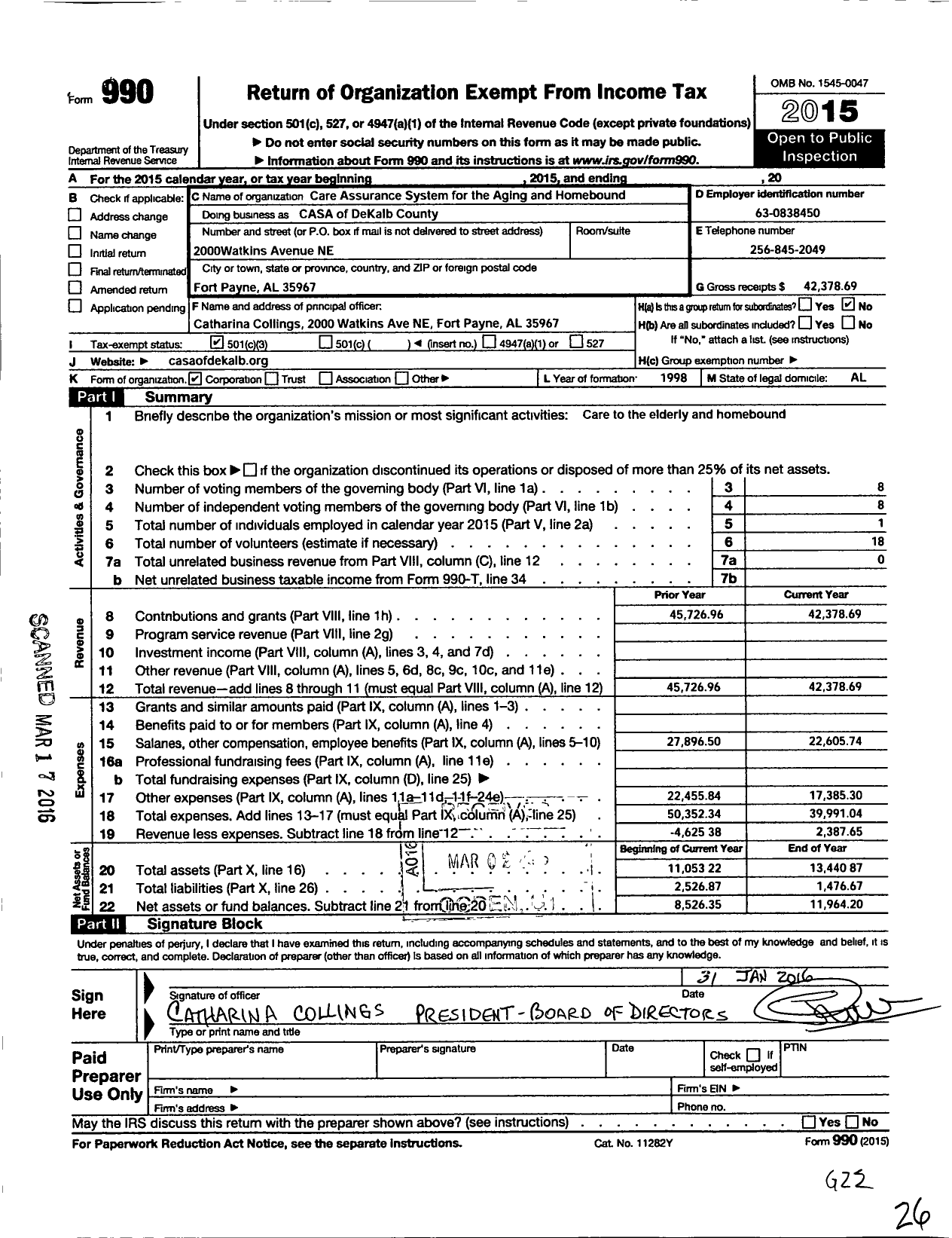 Image of first page of 2015 Form 990 for Care Assurance System for the Aging and Homebound Casa of Dekalb Count