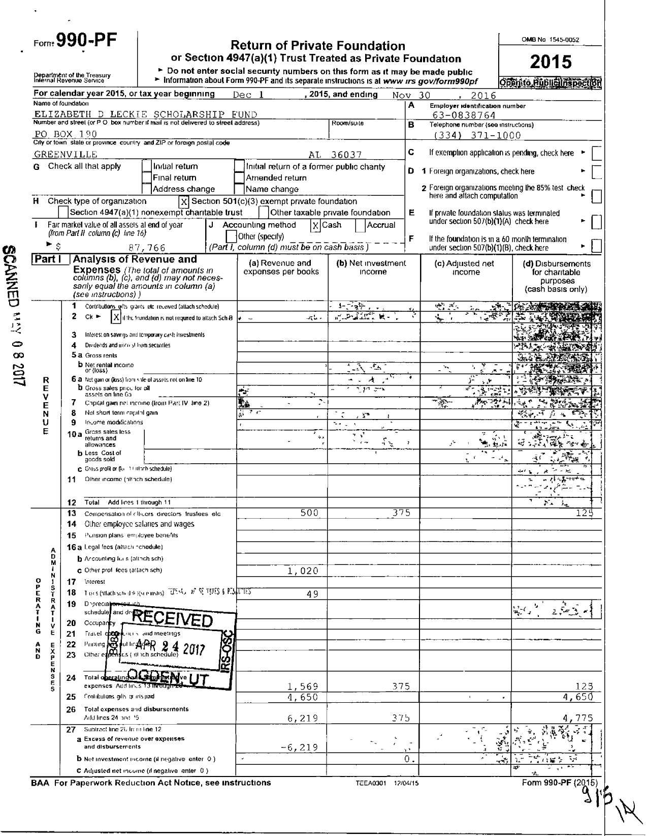 Image of first page of 2015 Form 990PF for Elizabeth D Leckie Scholarship Fund