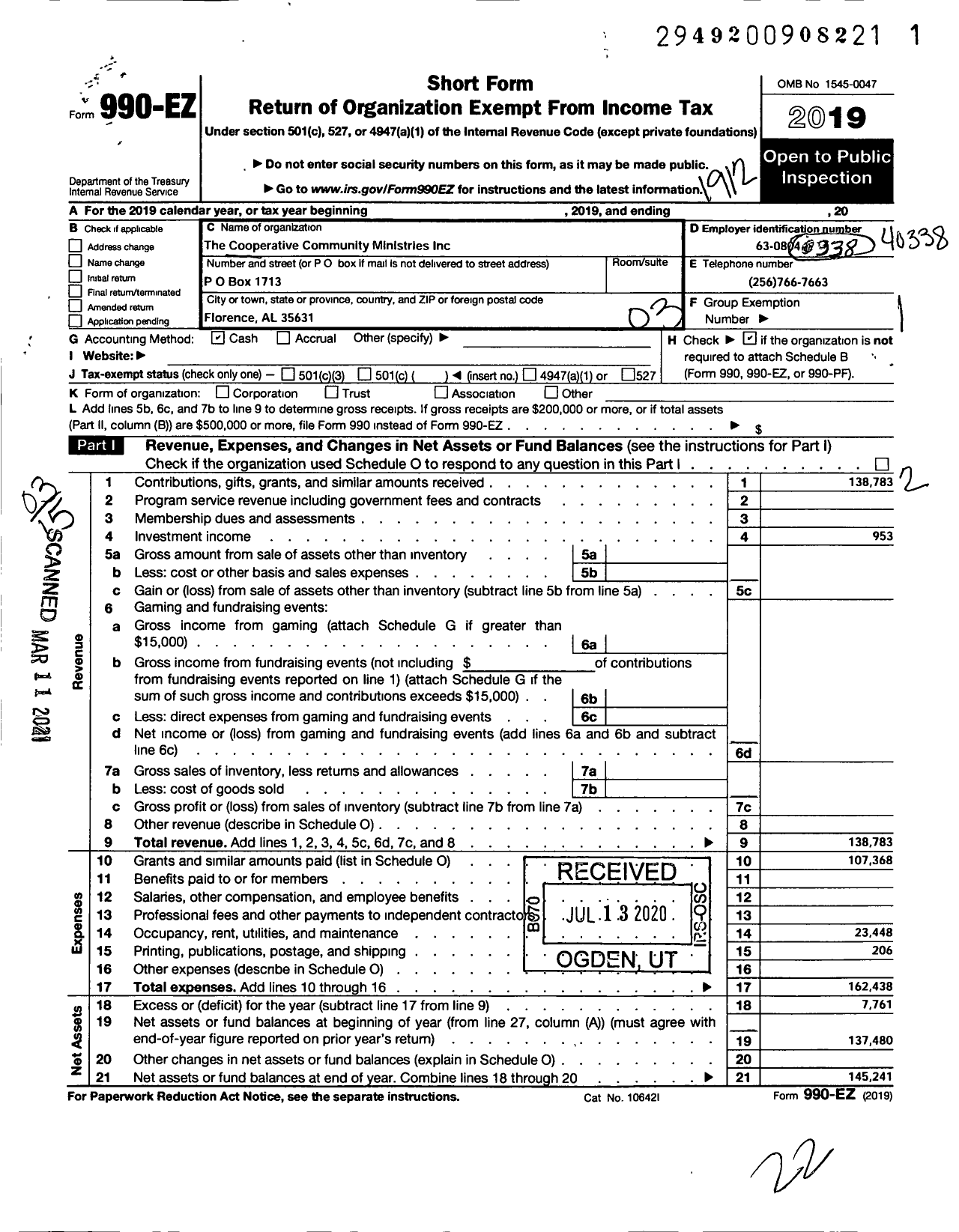 Image of first page of 2019 Form 990EZ for The Cooperative community Ministries