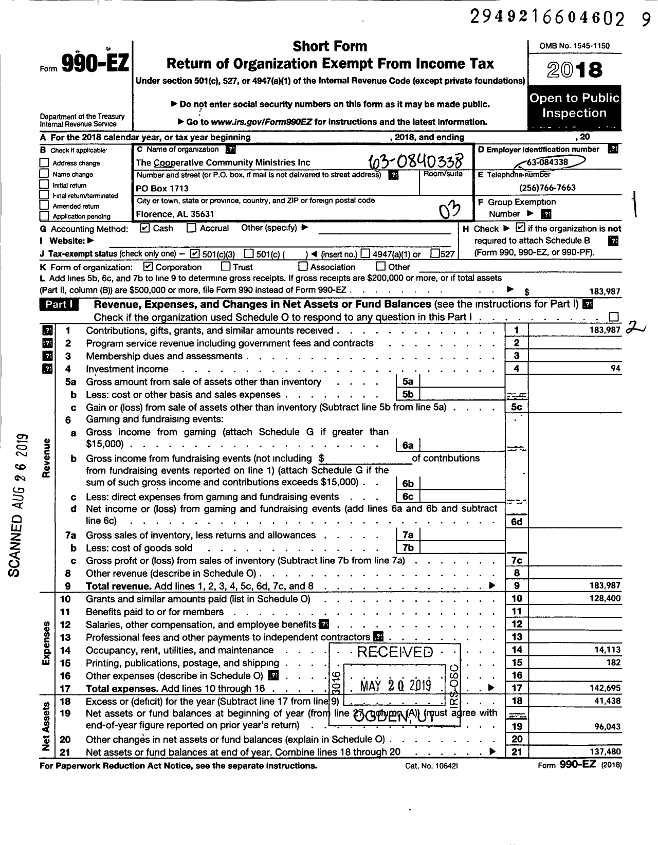 Image of first page of 2018 Form 990EZ for The Cooperative community Ministries