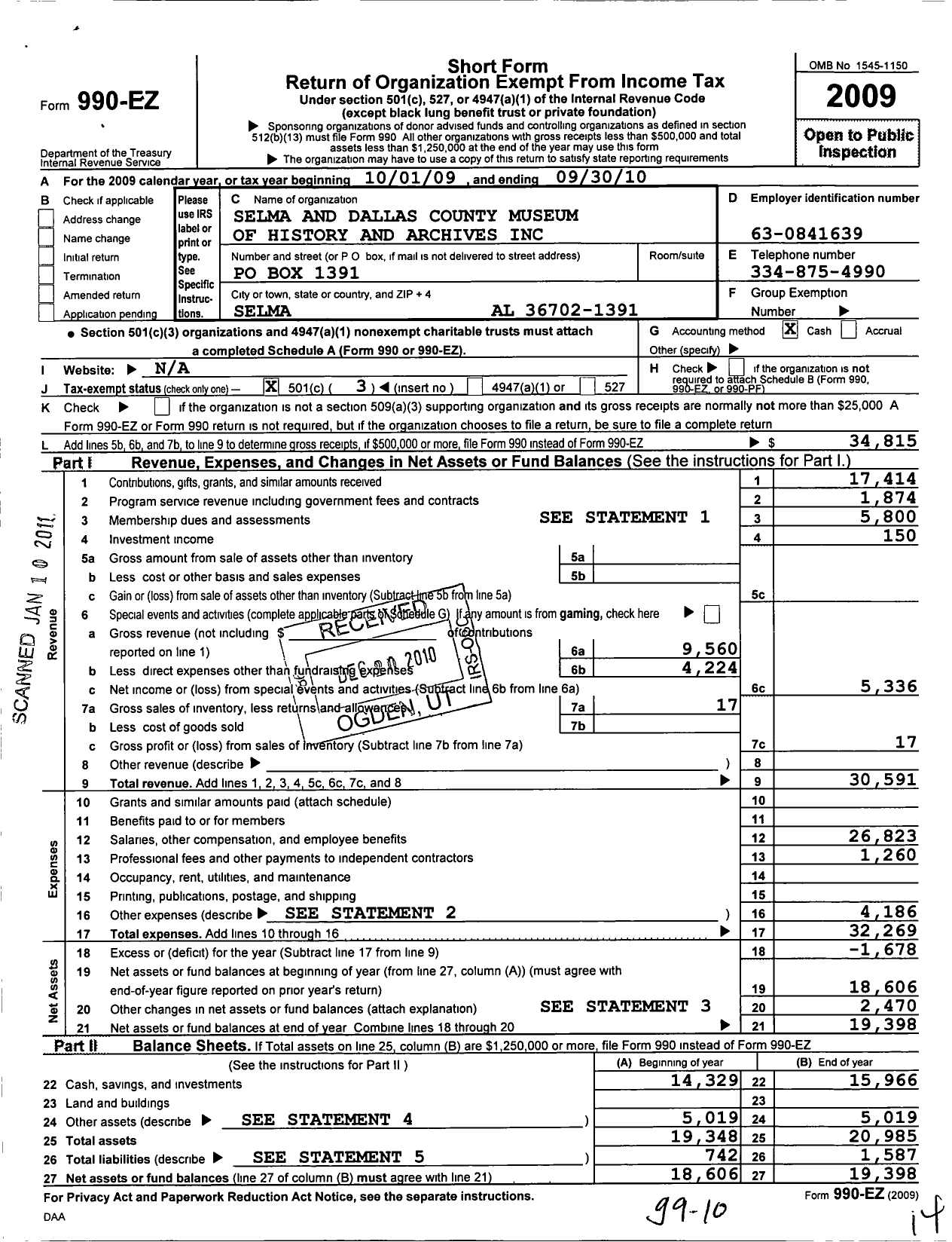 Image of first page of 2009 Form 990EZ for Selma-Dallas County Museum of History and Archives