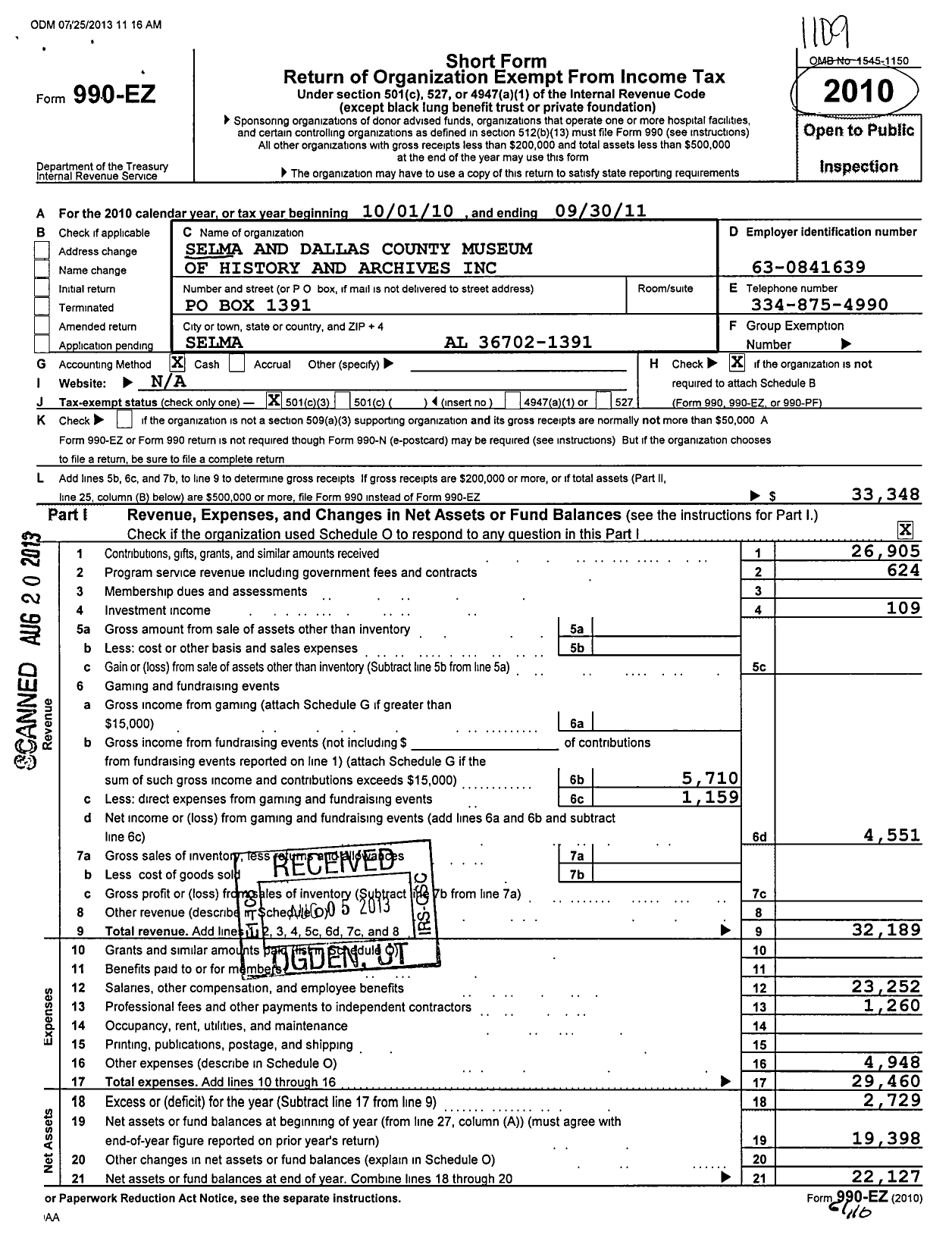 Image of first page of 2010 Form 990EZ for Selma-Dallas County Museum of History and Archives