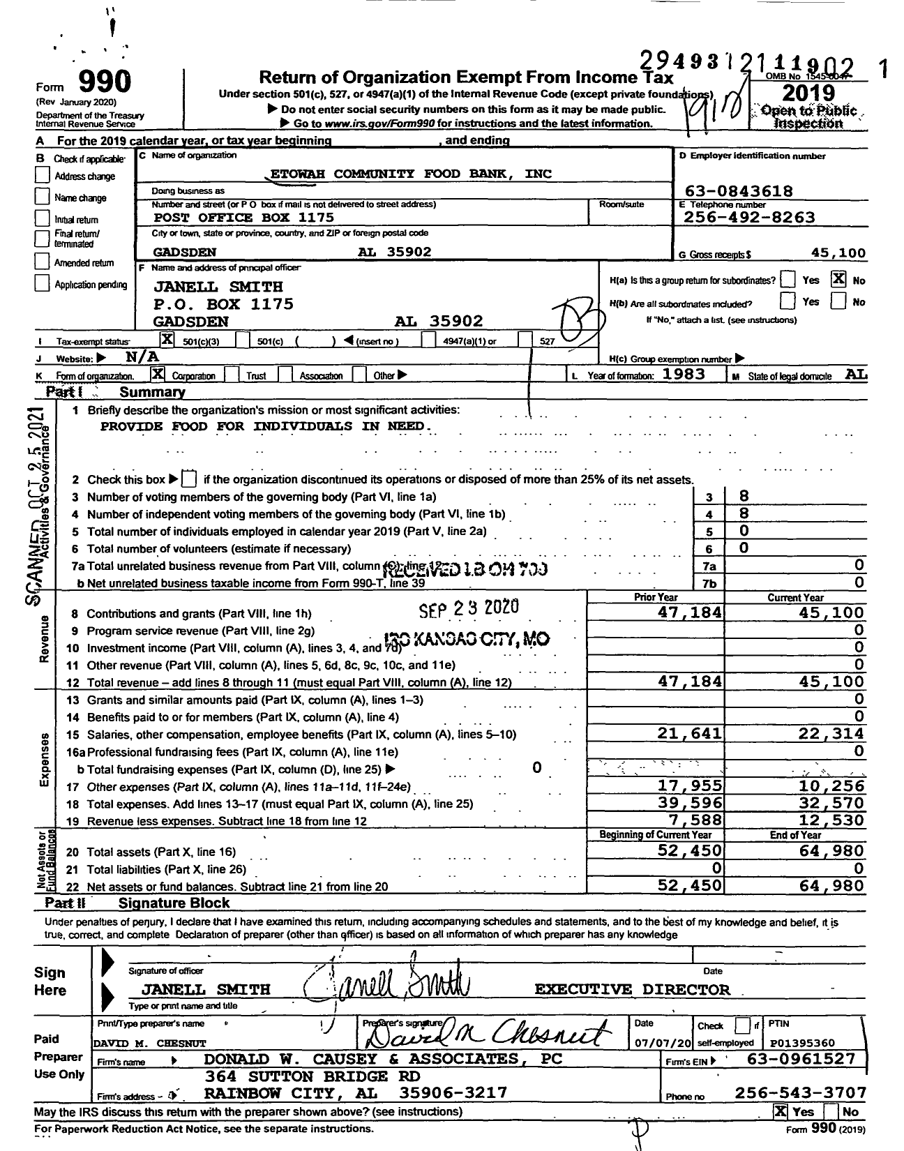 Image of first page of 2019 Form 990 for Etowah Community Food Bank