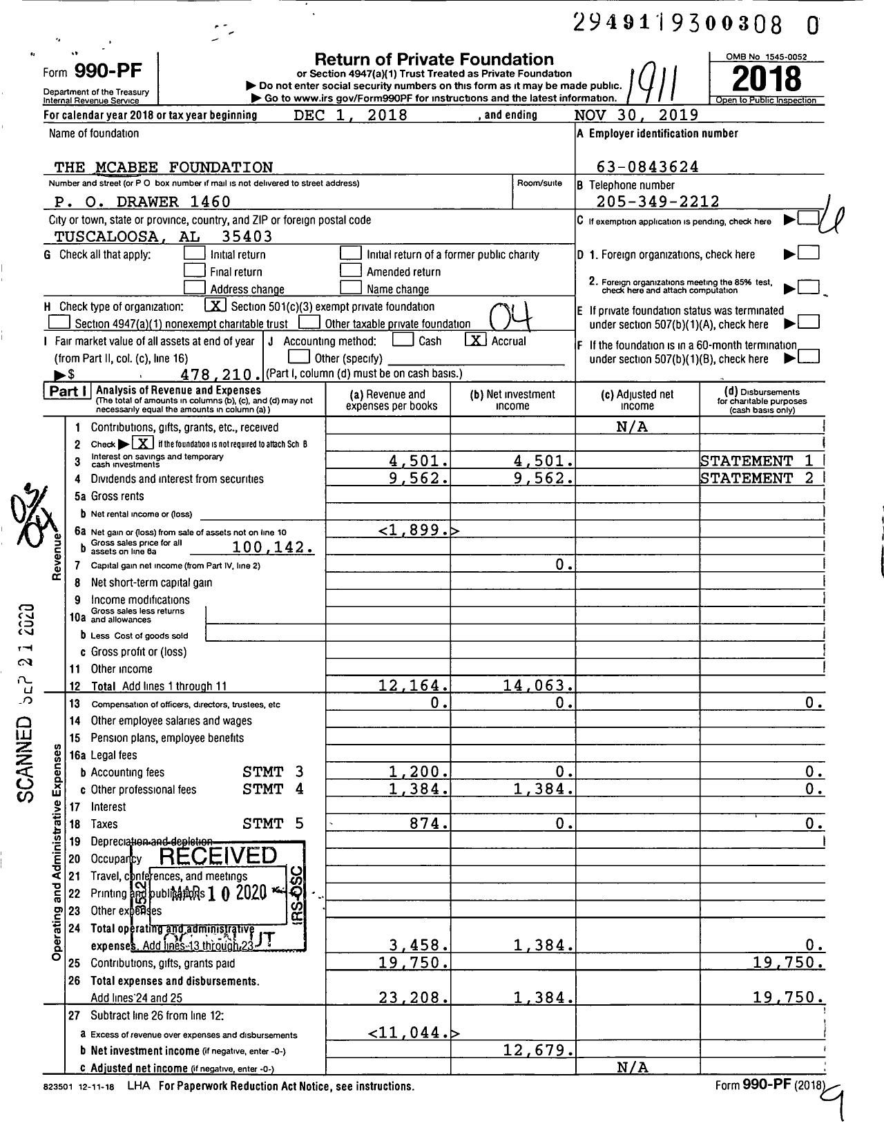 Image of first page of 2018 Form 990PR for The Mcabee Foundation