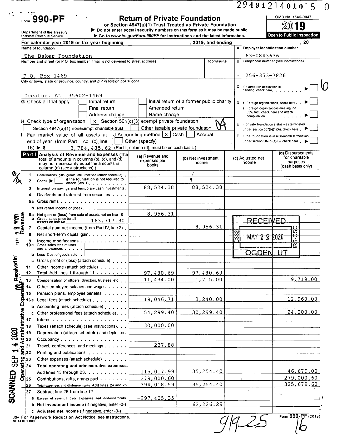 Image of first page of 2019 Form 990PR for Baker Foundation