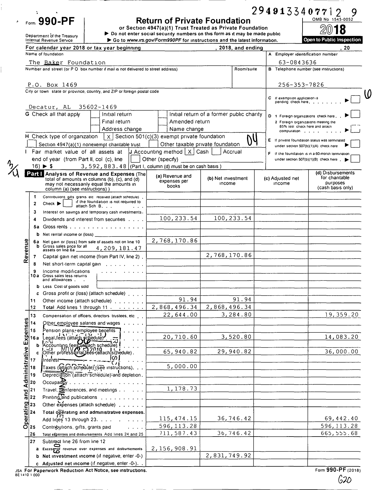 Image of first page of 2018 Form 990PF for Baker Foundation