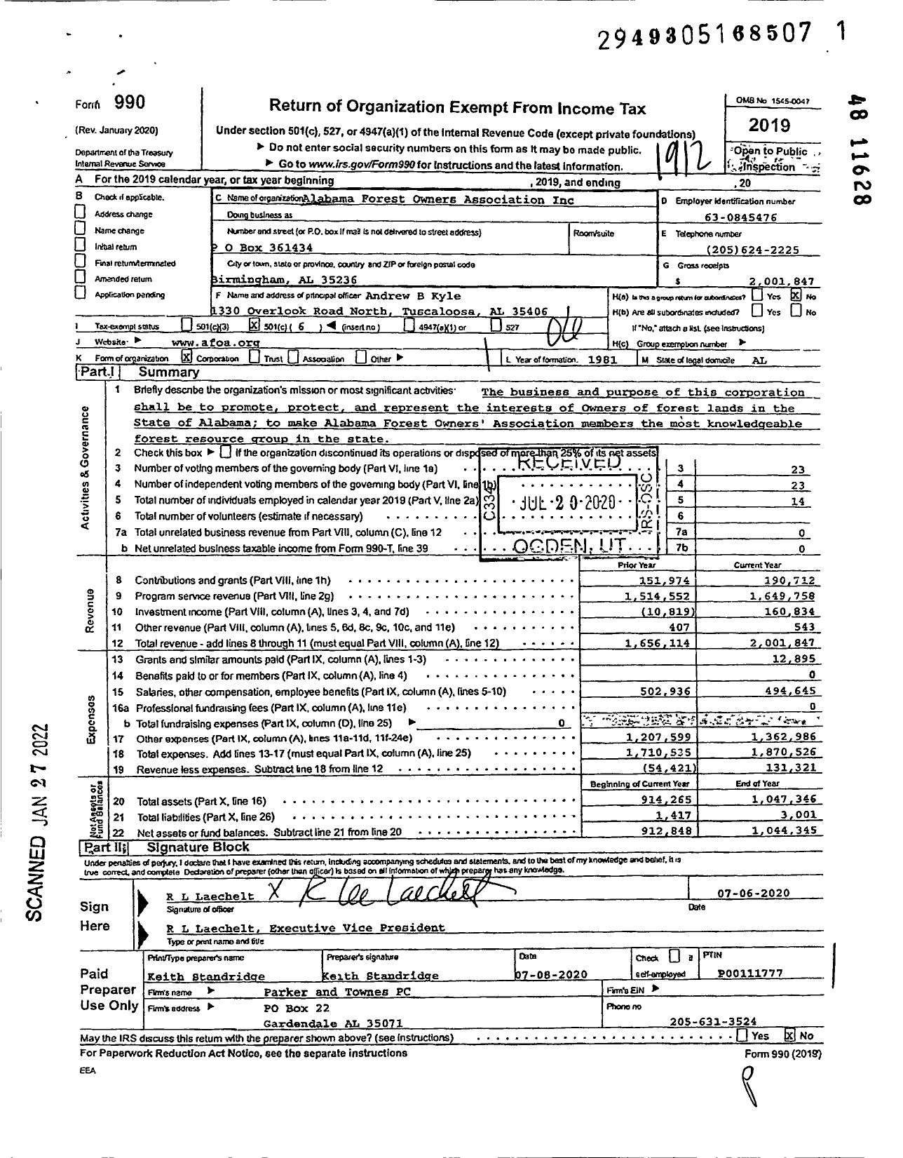 Image of first page of 2019 Form 990O for Alabama Forest Owners Association (AFOA)