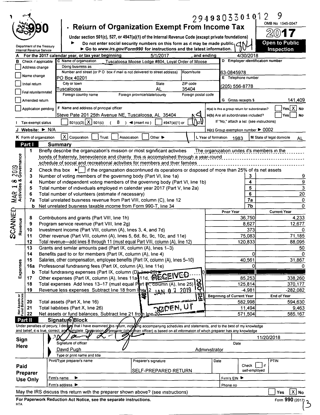 Image of first page of 2017 Form 990O for Loyal Order of Moose - Moose Lodge 804