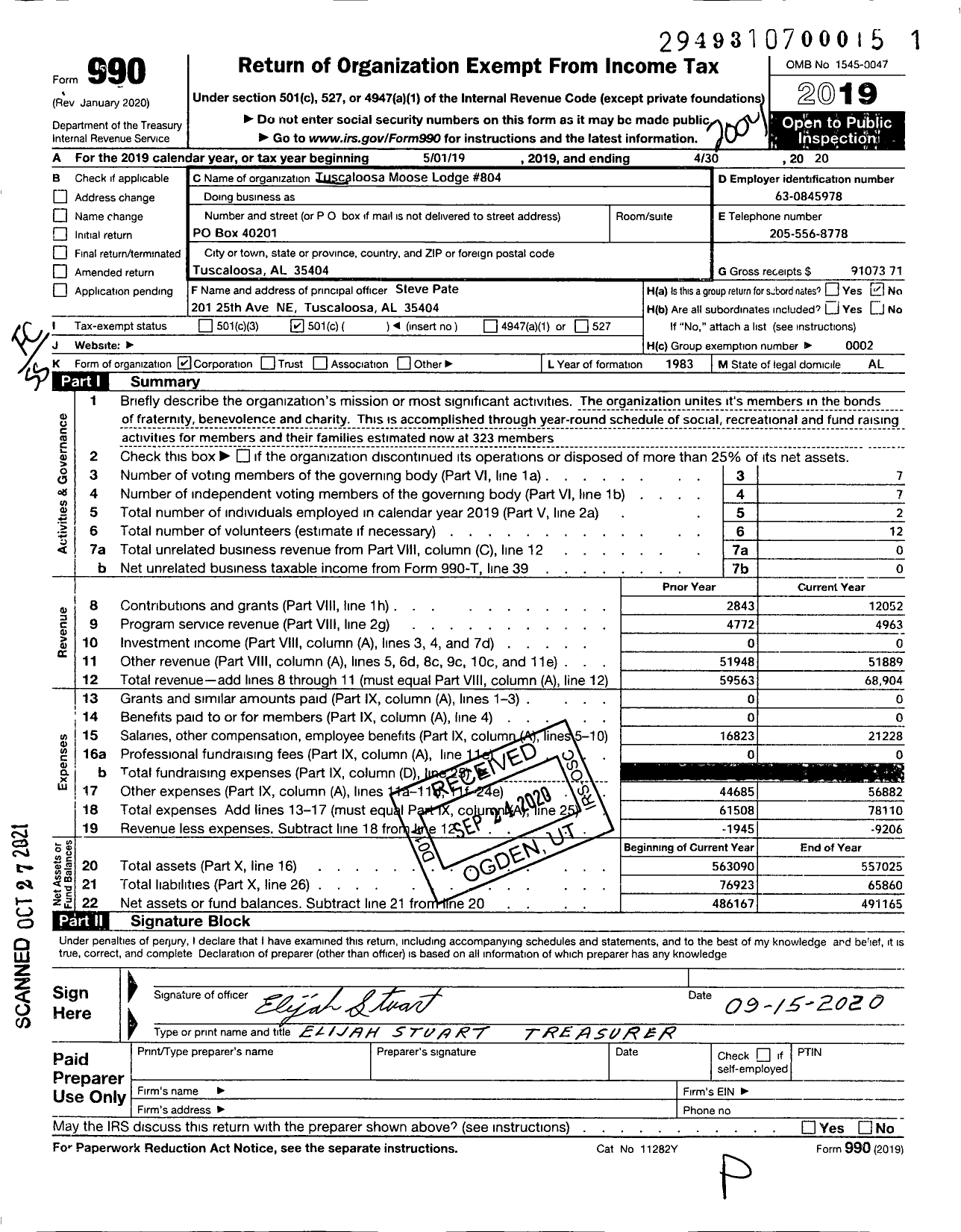 Image of first page of 2019 Form 990O for Loyal Order of Moose - Moose Lodge 804