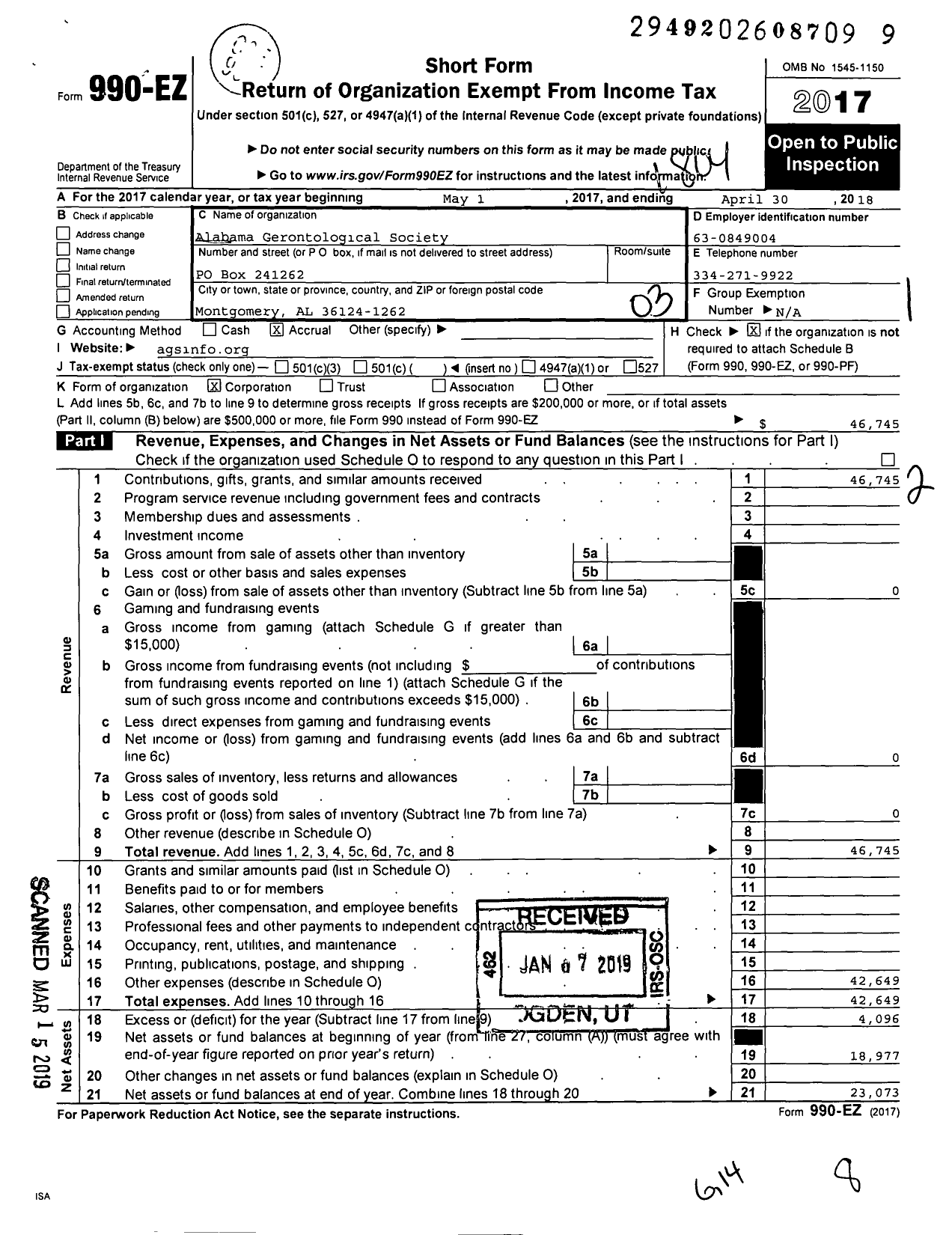 Image of first page of 2017 Form 990EZ for Alabama Gerontological Society