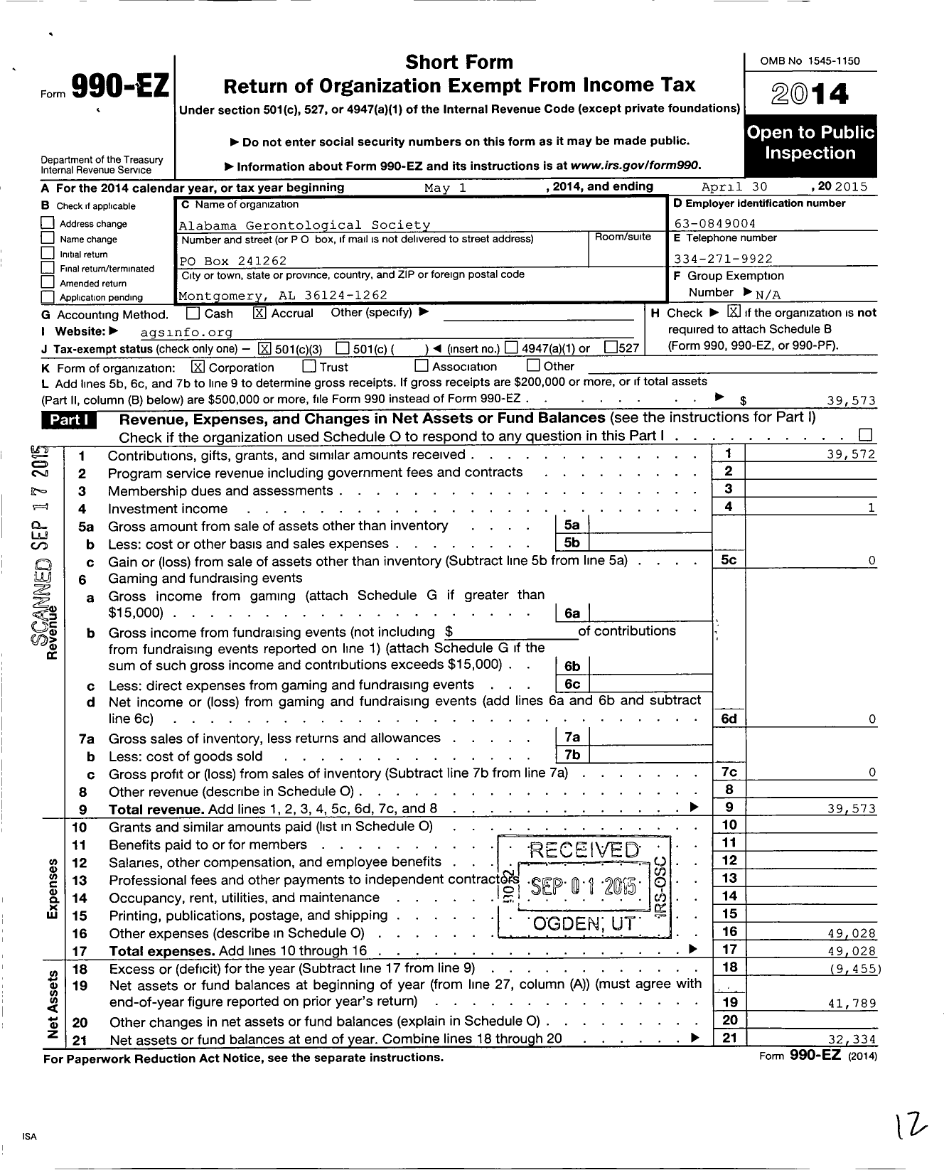 Image of first page of 2014 Form 990EZ for Alabama Gerontological Society