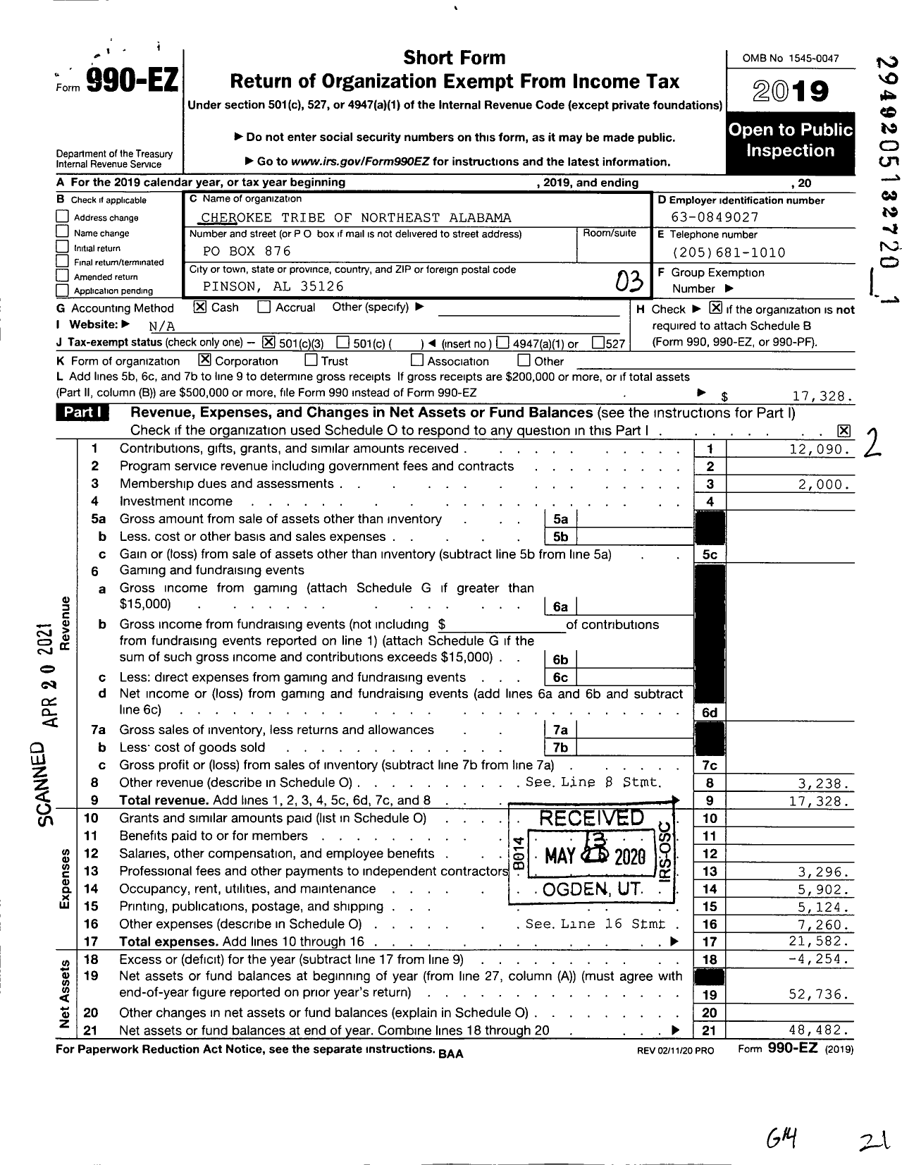 Image of first page of 2019 Form 990EZ for Cherokee Tribe of Northeast Alabama